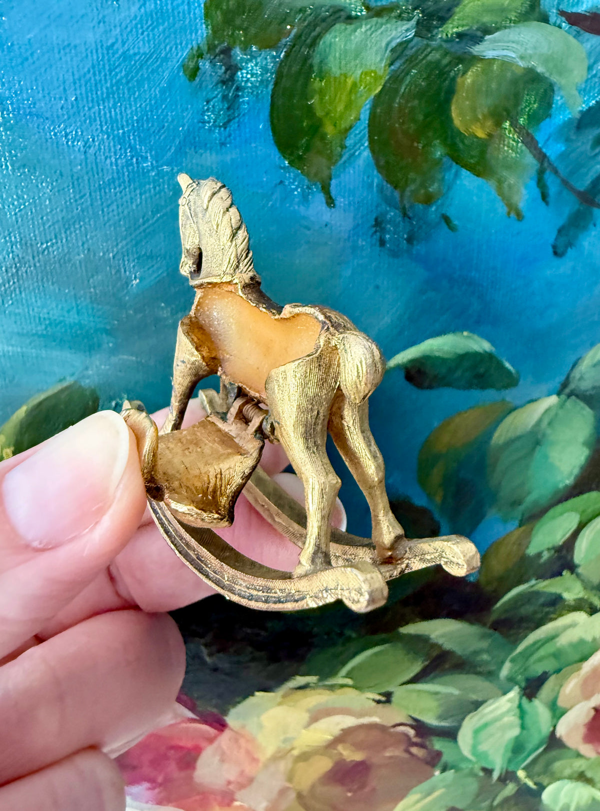 1970s Vintage Max Factor Gold-toned Metal “Rocking Horse” Perfume Compact