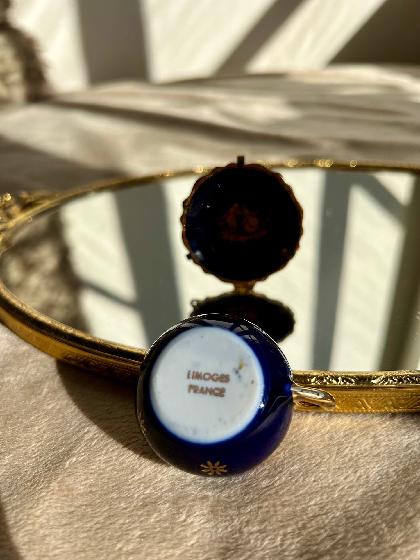 Gold Patterned Cobalt Blue Miniature Limoges Porcelain Plate & Bowl