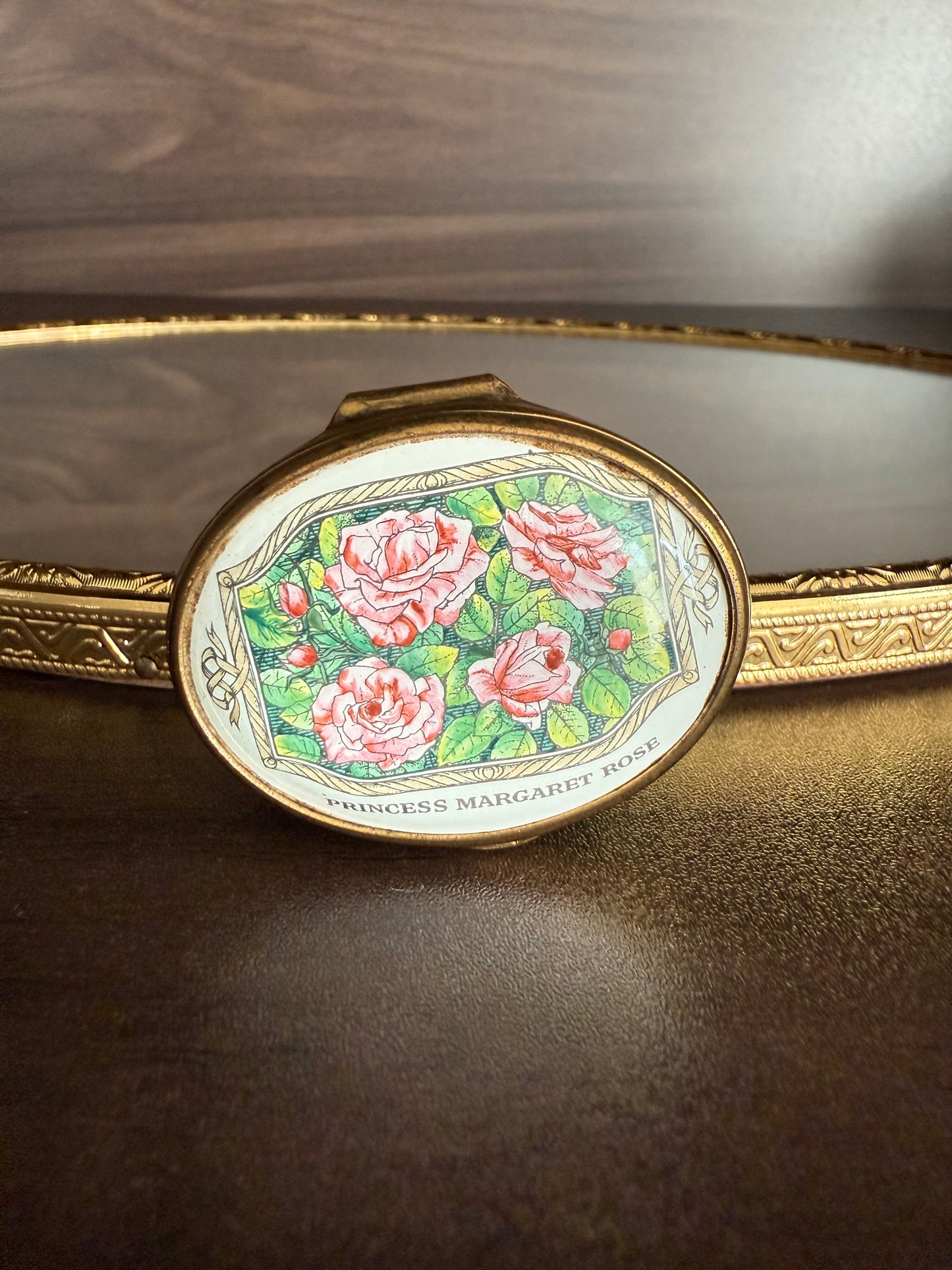 Bilston & Battersea Enamels Vintage Princess Margaret of England Hybrid Tea Rose Jewelry or Trinket Box - Made in England
