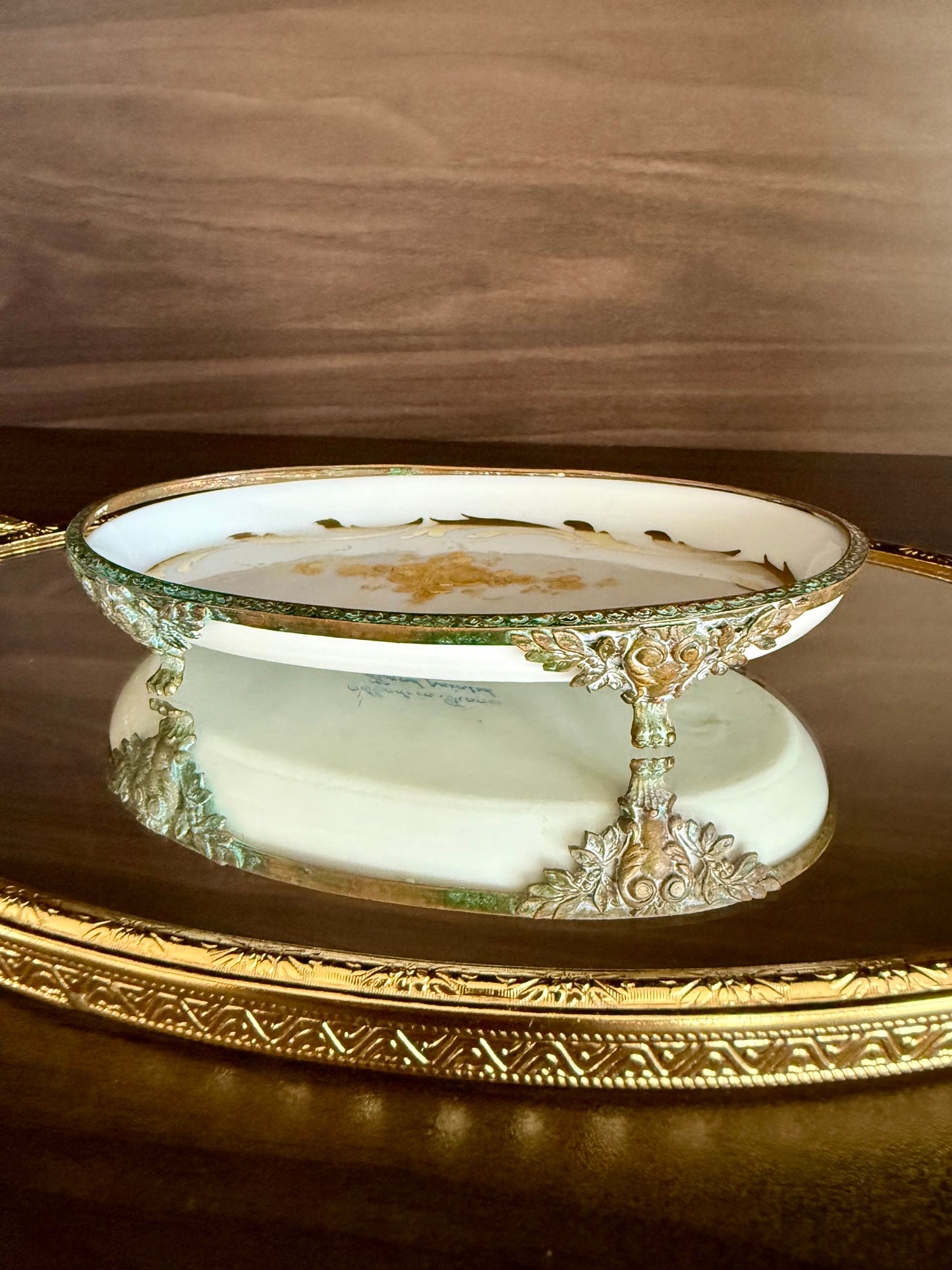Antique Sévres Style Brass Footed and Hand-painted Oval Porcelain Decorative Soap Dish - Made in France