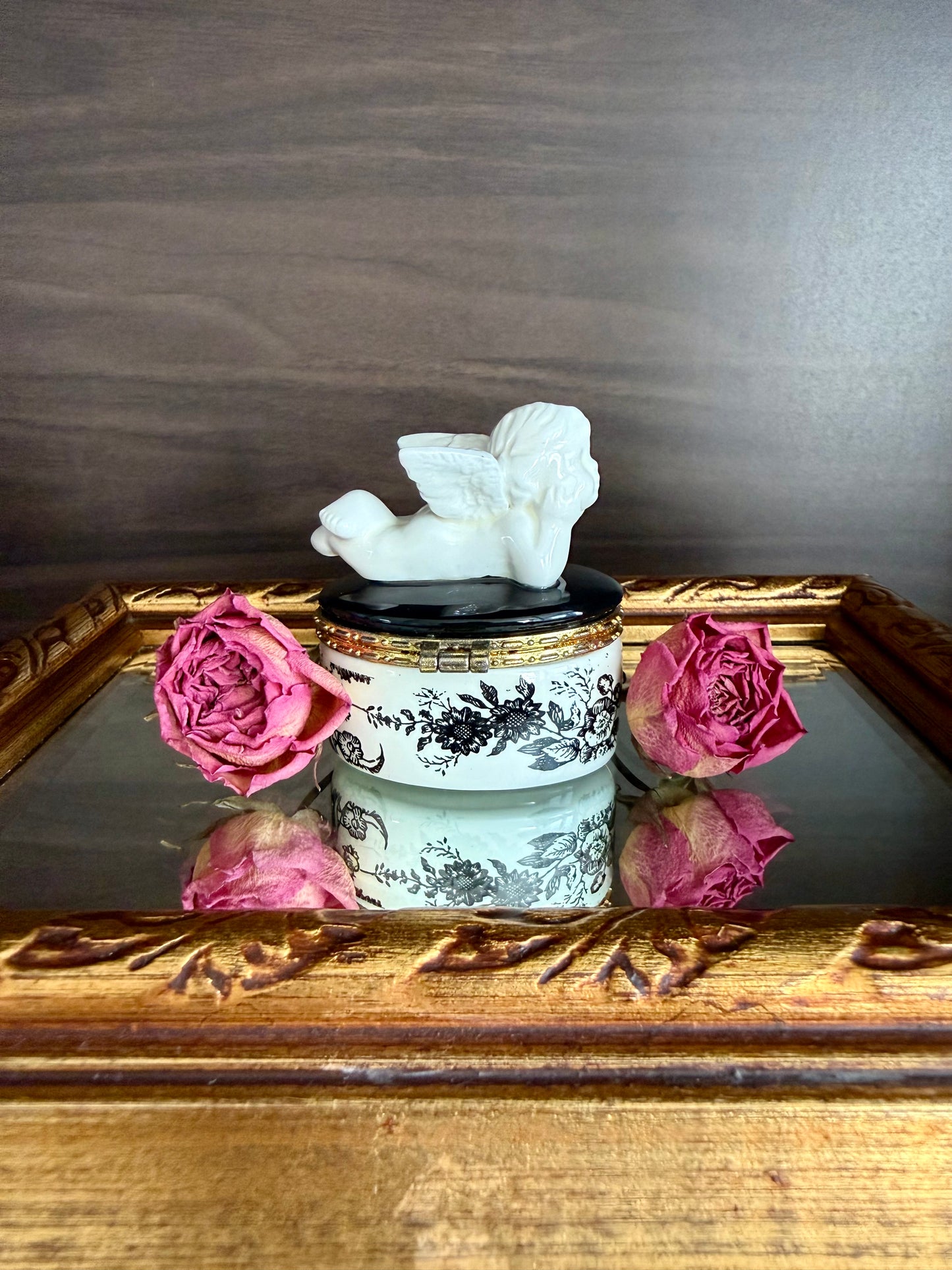 Angel Cherub Black and White Porcelain Vintage Mini Hinged Jewelry, Pill or Trinket Box