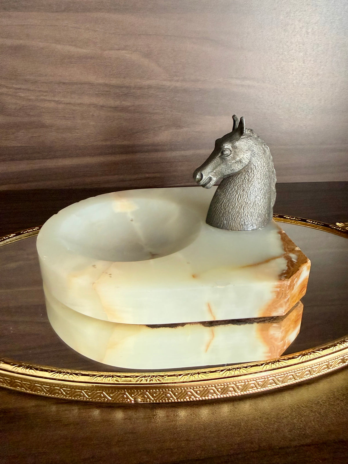 Antique Art Deco Style Bronze Horse Head Statue on Marbel or Green Onyx Ashtray