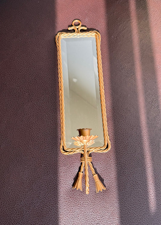 Vintage Square Long Mirror Gold Gilded Metal Frame and Rope Decoration with Tasseled Wall Candle Holder, Wall Sconce