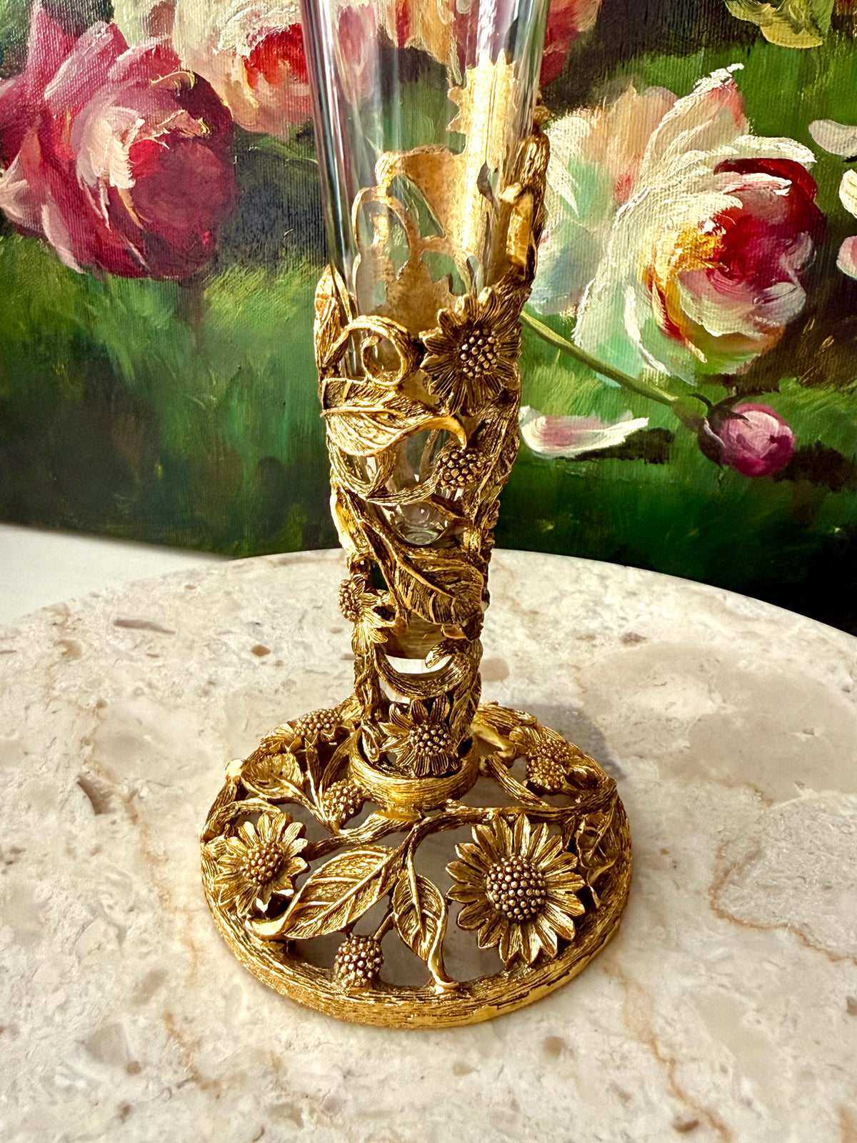 24k Vintage Matson Gold-plated Sunflower Brass Filigree Ormolu with Removable Glass Vase