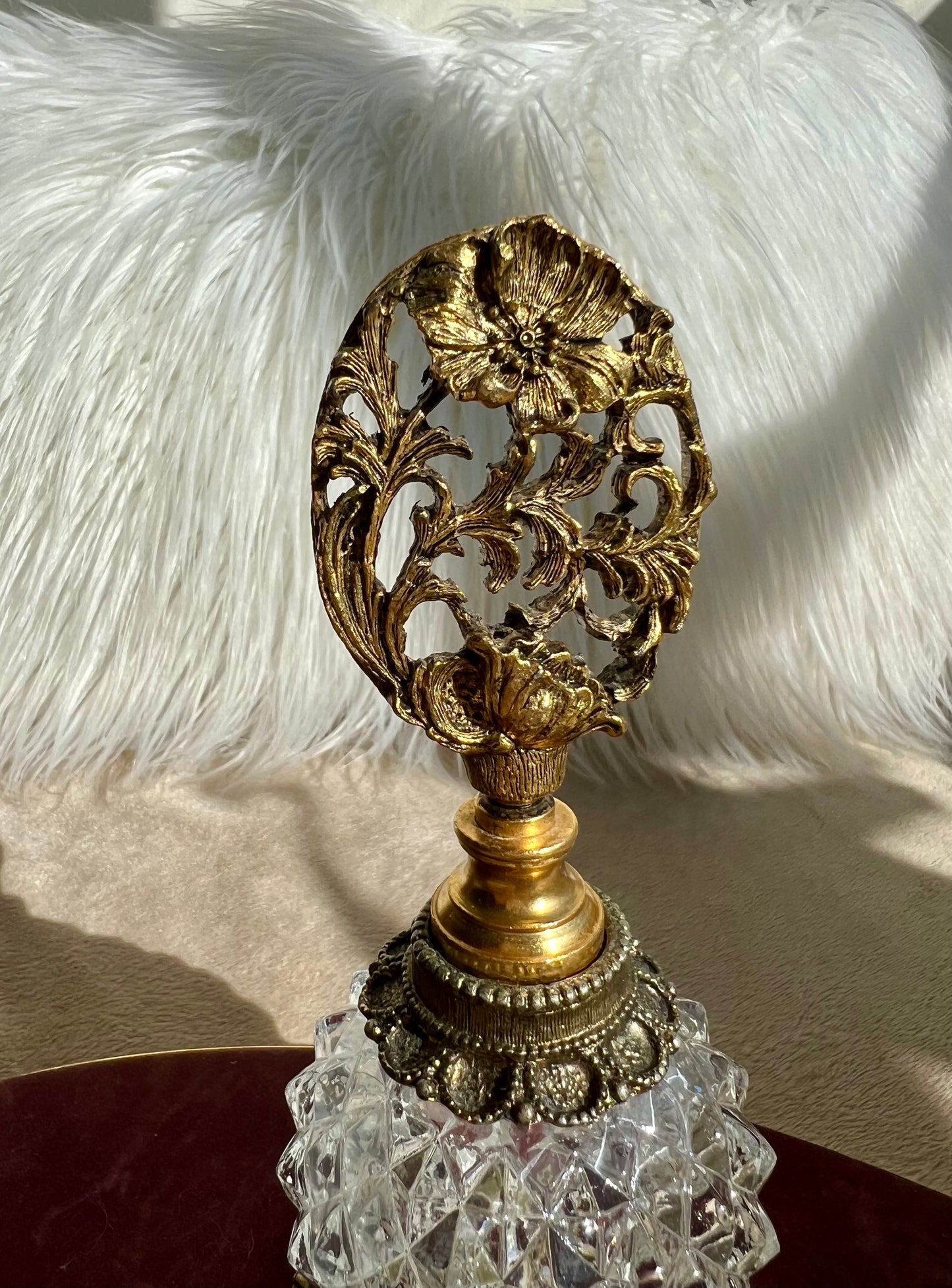 MATSON Style Ormolu Diamond Cut Glass Footed Perfume Bottle Gilt Brass With Dogwood Floral Stopper