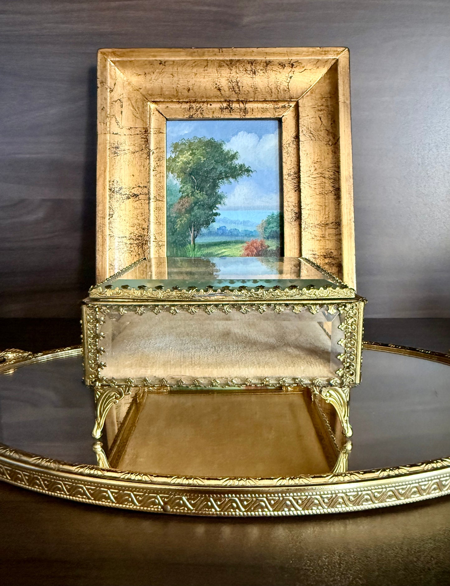 French Style Beveled Glass Vintage Brass Footed Jewelry Casket or Trinket Box from the 1950s