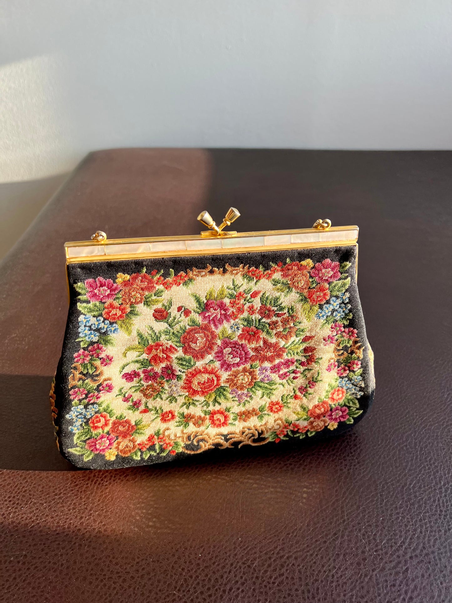 Tapestry Vintage Handbag/ Purse with Floral Rose Decoration and Mother of Pearl Edge, Burgundy Satin Inside