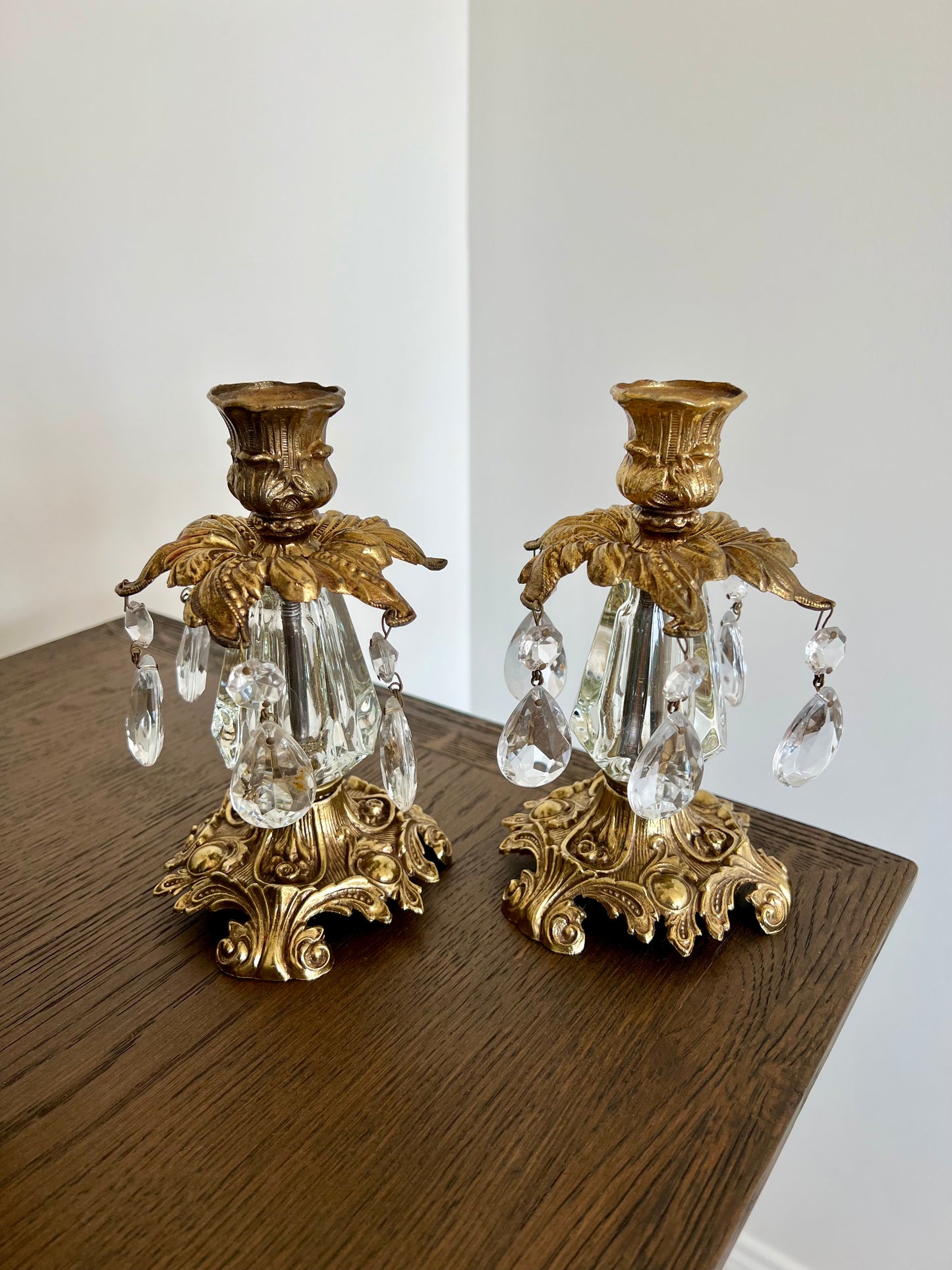 Beautiful Hollywood Regency Mid Century Vintage Gold Brass Candle Holders with Hanging Crystal Prisms - a Pair (2)