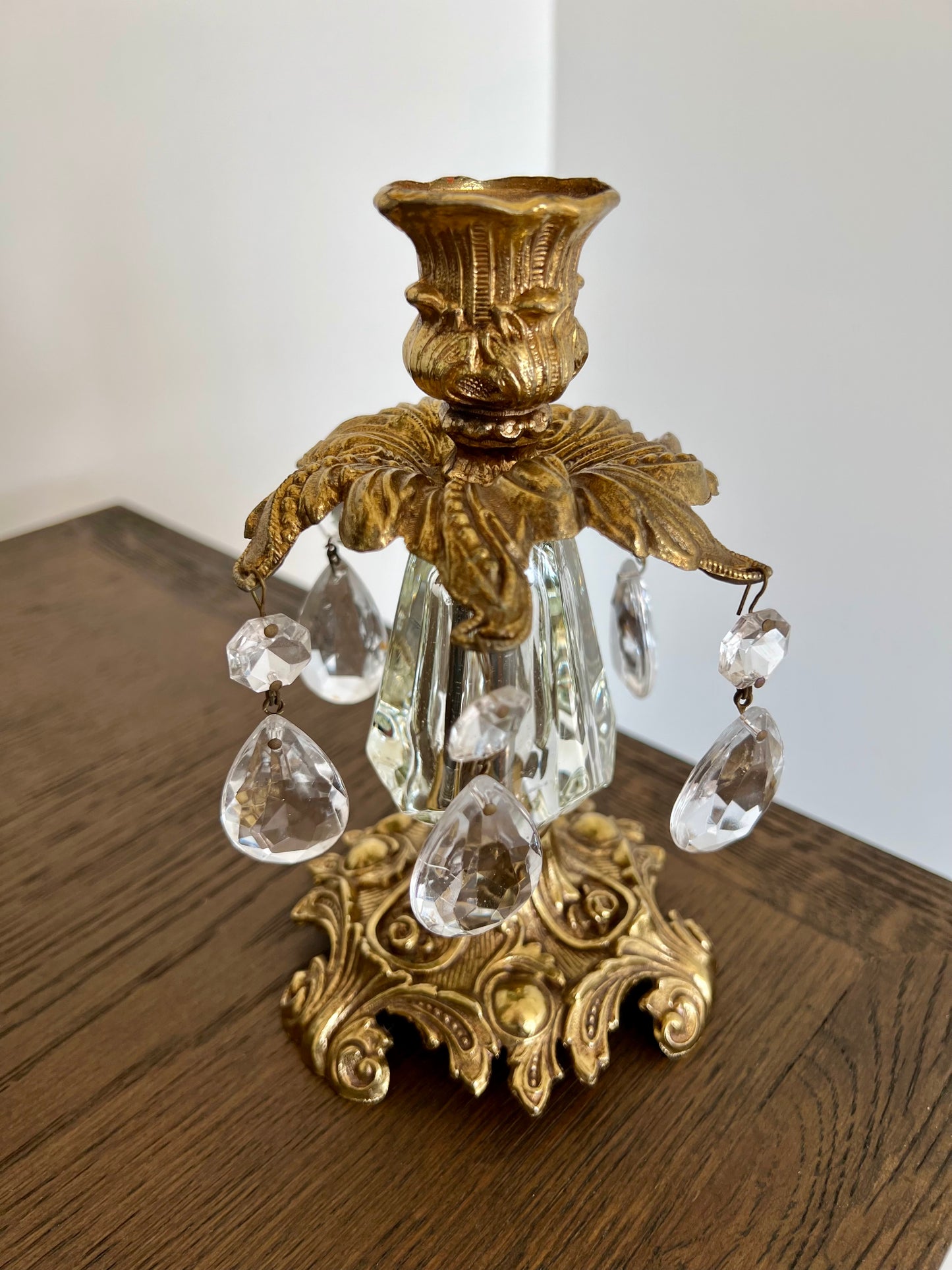 Beautiful Hollywood Regency Mid Century Vintage Gold Brass Candle Holders with Hanging Crystal Prisms - a Pair (2)