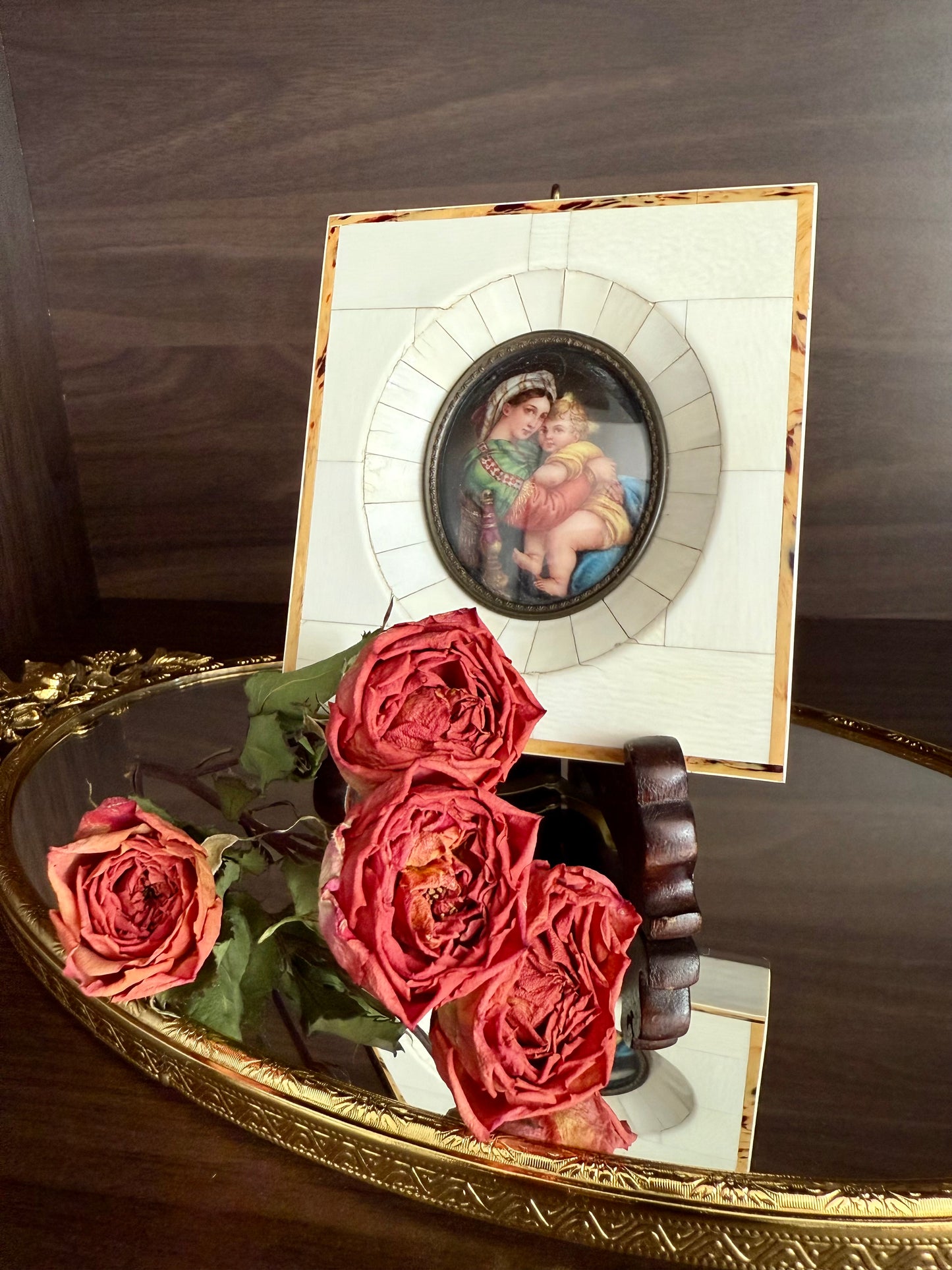 Antique Italian Miniature Porcelain Plaque Hand-painted Madonna and Child in Bone Frame