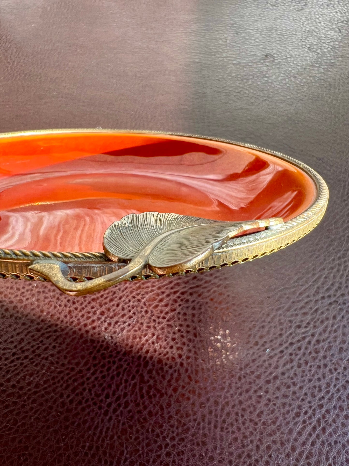 1980s Vintage Orange Round Enamel on Metal Dish or Jewelry Tray by Evans