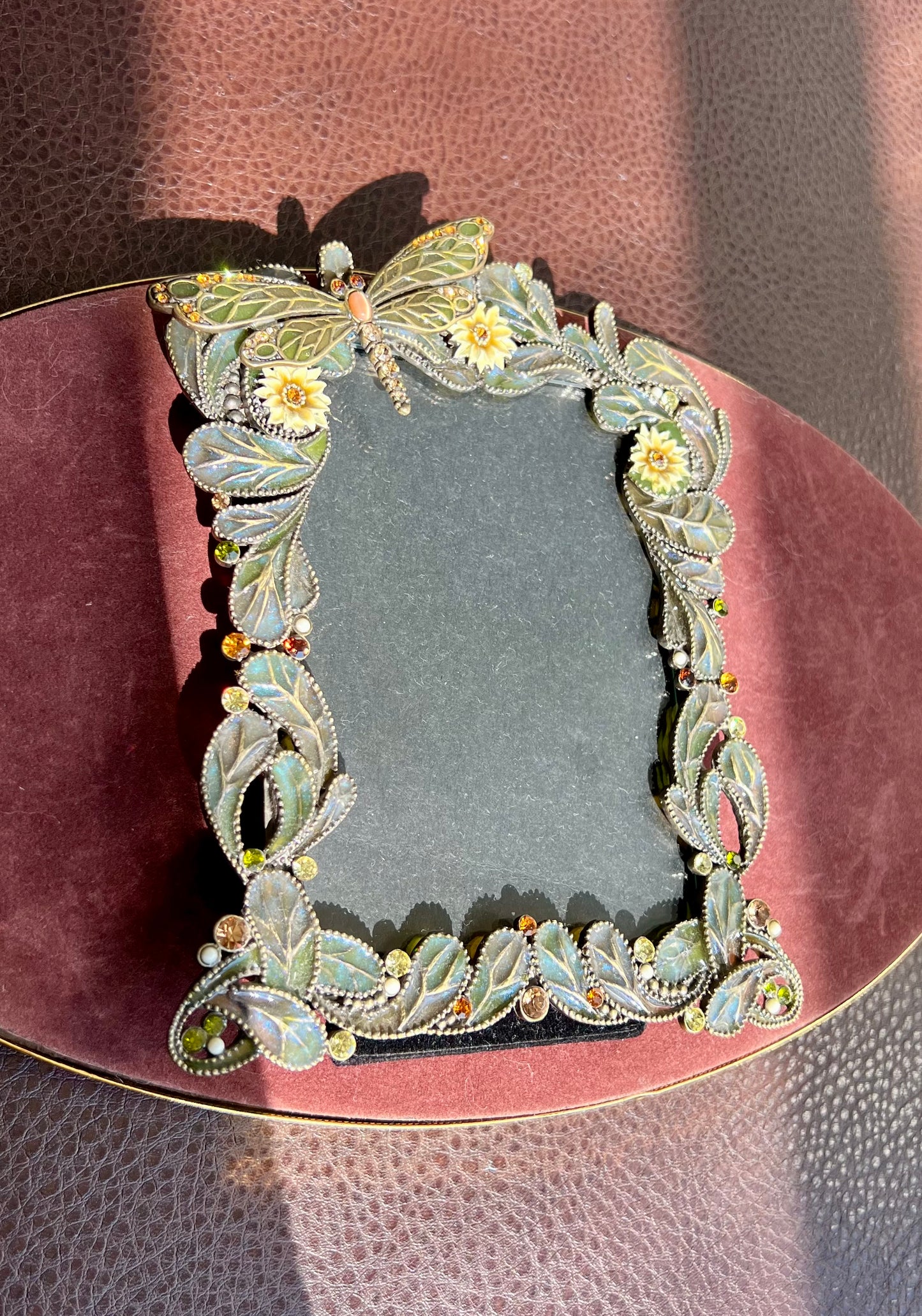 Dragonfly Enamel and Metal Picture Frame with Tiny possible Swarovski Rhinestones, Flowers & Green Leaves