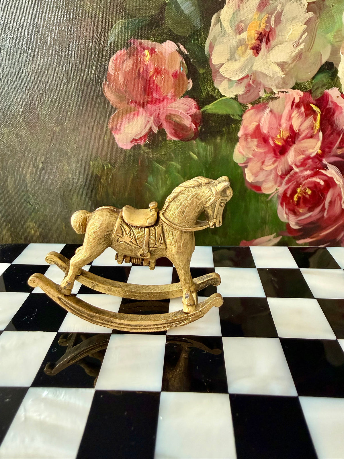 1970s Vintage Max Factor Gold-toned Metal “Rocking Horse” Perfume Compact