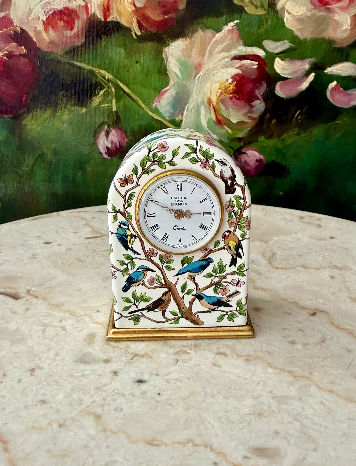 Halcyon Days Vintage Enamel Table Clock with Hand-painted Birds and Flowers Design
