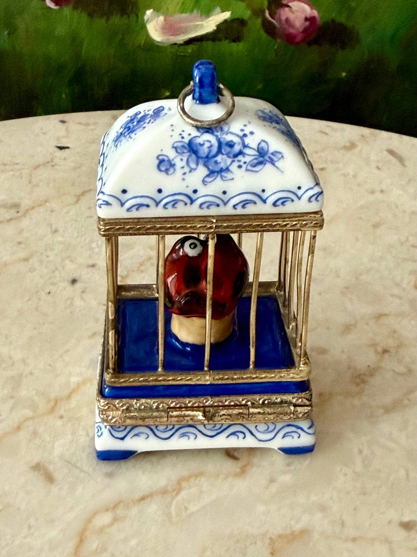 French Limoges Hand-painted Vintage Porcelain Love Birds in Cage Trinket/ Pill or Jewelry Box