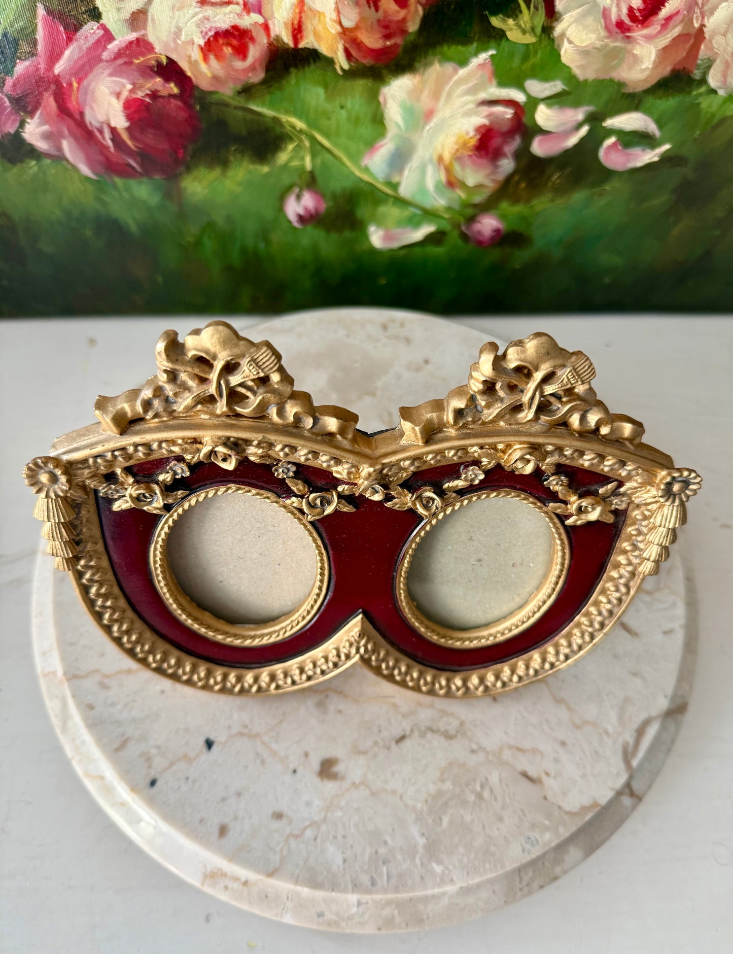 French Baroque Style Vintage Gold And Burgundy Oval Double Photo Frame (NOT Brass)