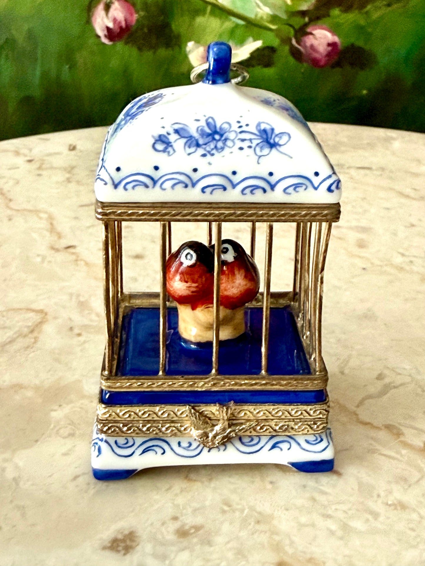 French Limoges Hand-painted Vintage Porcelain Love Birds in Cage Trinket/ Pill or Jewelry Box