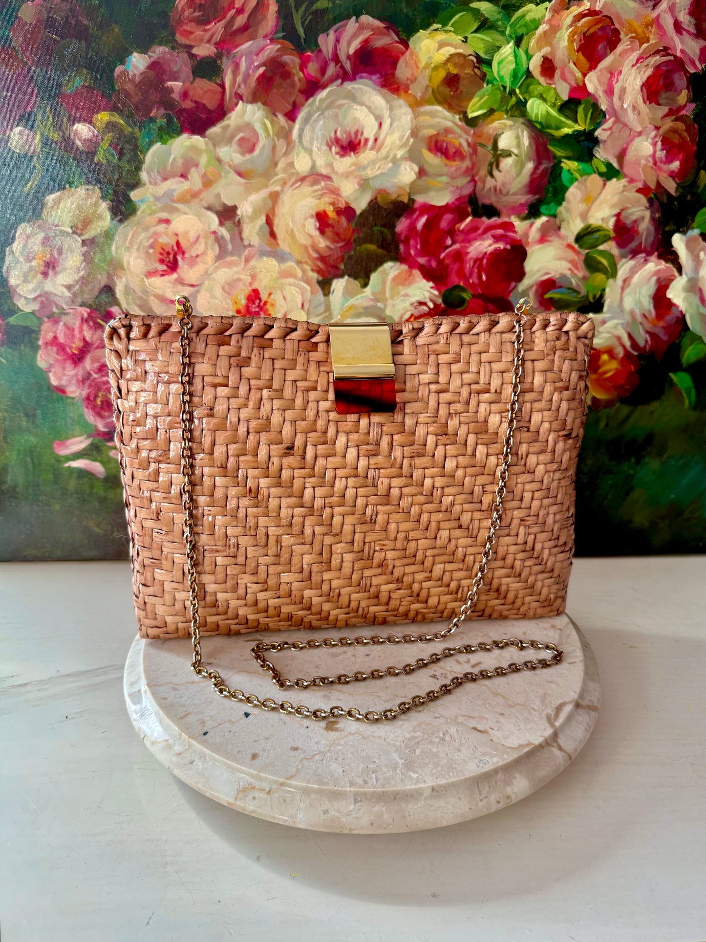 Vintage RODO Italian Style Glazed Wicker Purse or Clutch with Chain Shoulder Strap