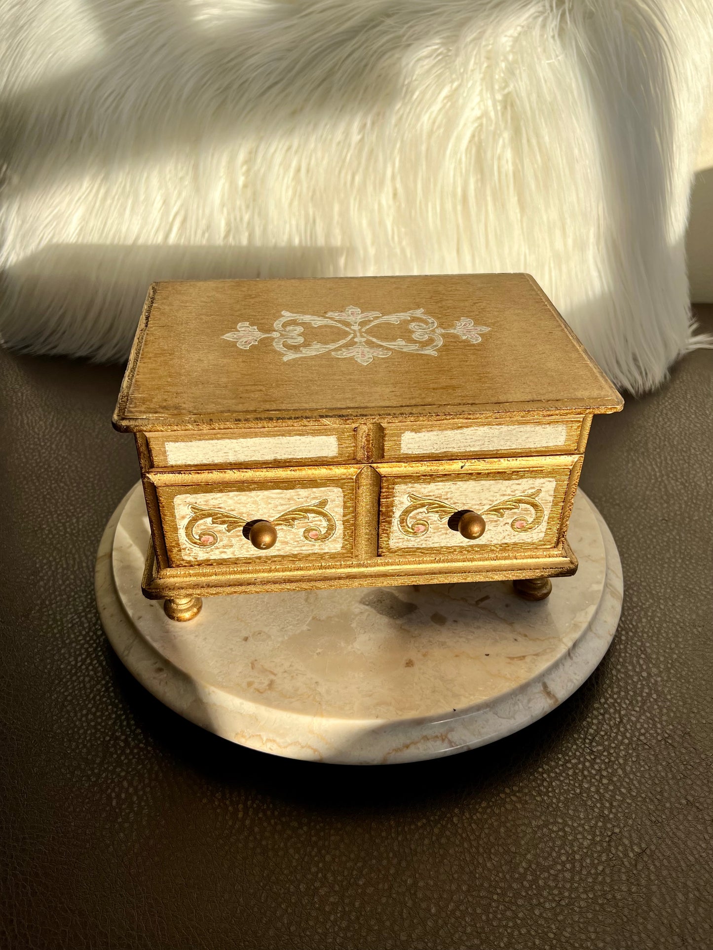 Italian Florentine Vintage Gold Gilt Wood Music and Jewelry Box, Burgundy Red Lining Interior, Footed