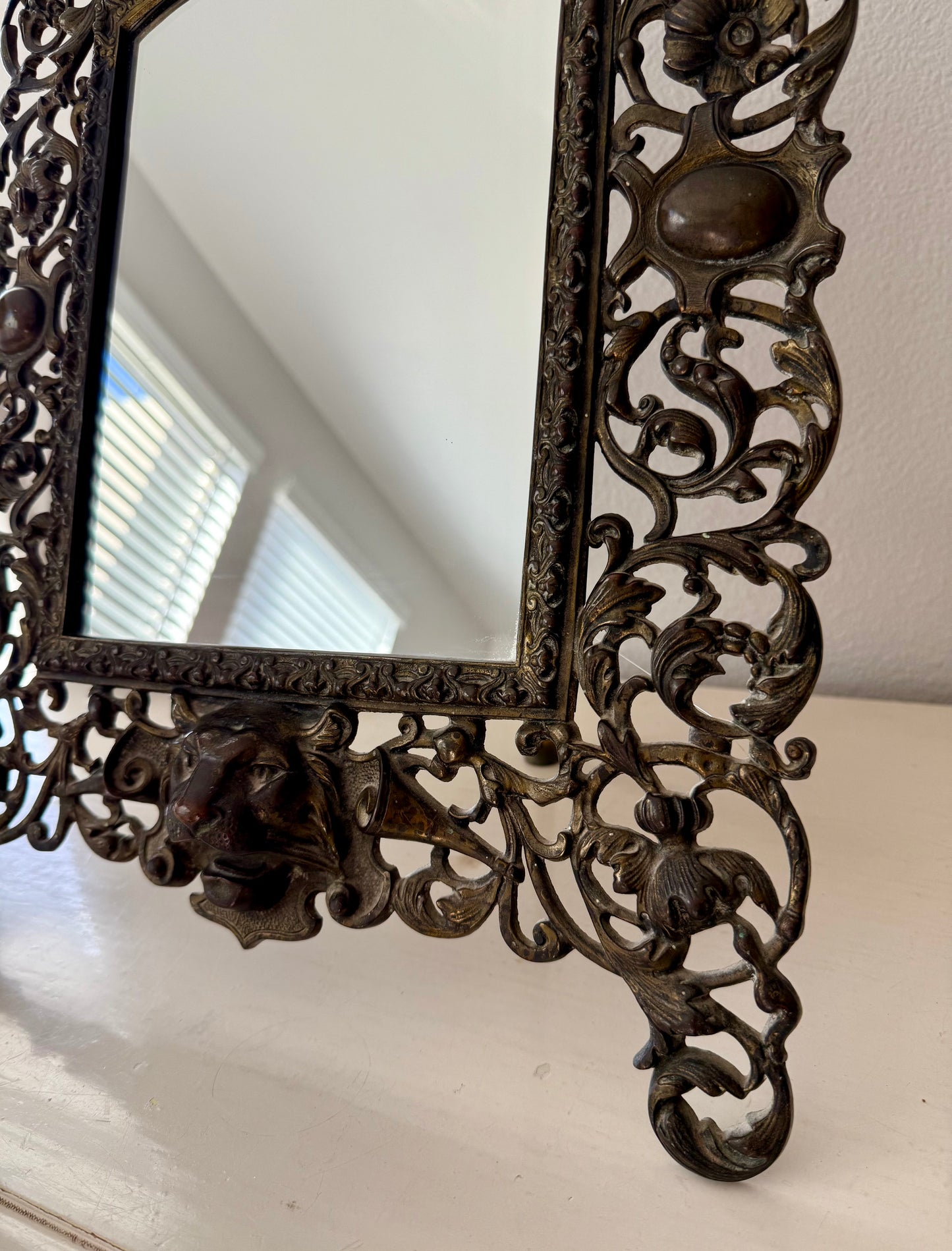 Antique Gilded Cast Iron Cherub and Lion Heads, Victorian French Style Ornate Vanity Table Mirror from Late 19th Century