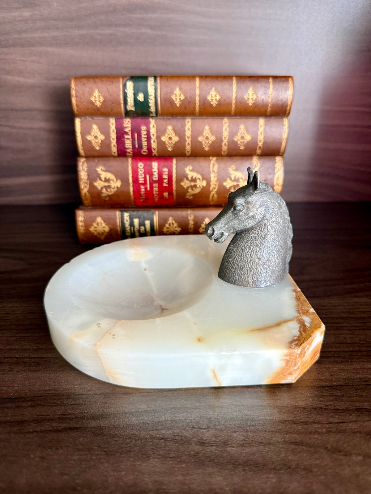 Antique Art Deco Style Bronze Horse Head Statue on Marbel or Green Onyx Ashtray