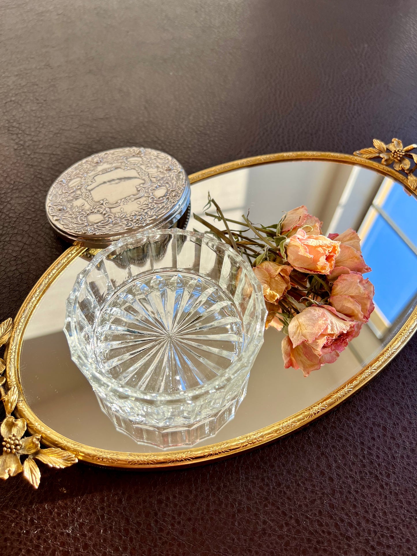 Vintage GODINGER Glass Powder Jar Ornate with Heavy Silver-plated Lid on the Top & Mirror