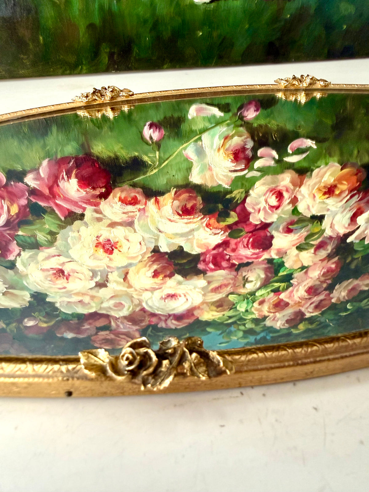 Matson Hollywood Regency Vintage Ornate 24K Gold Gilt Vanity Perfume Mirror Tray with Roses Motifs