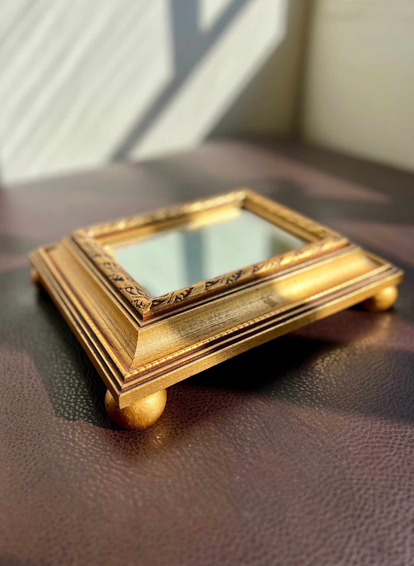 Vintage Gild Wooden Framed Table or Shelf Mirror with 4 Round Legs