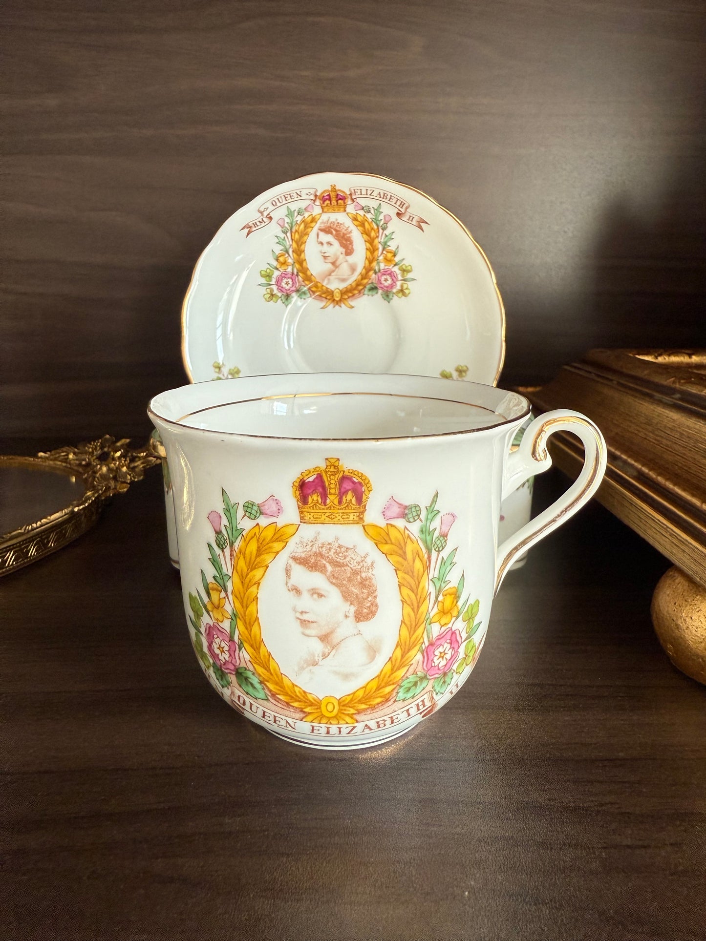 Coronation 1953 H.M. Queen Elizabeth Vintage Tuscan Bone China Roses Tea cup and Saucer, Numbered