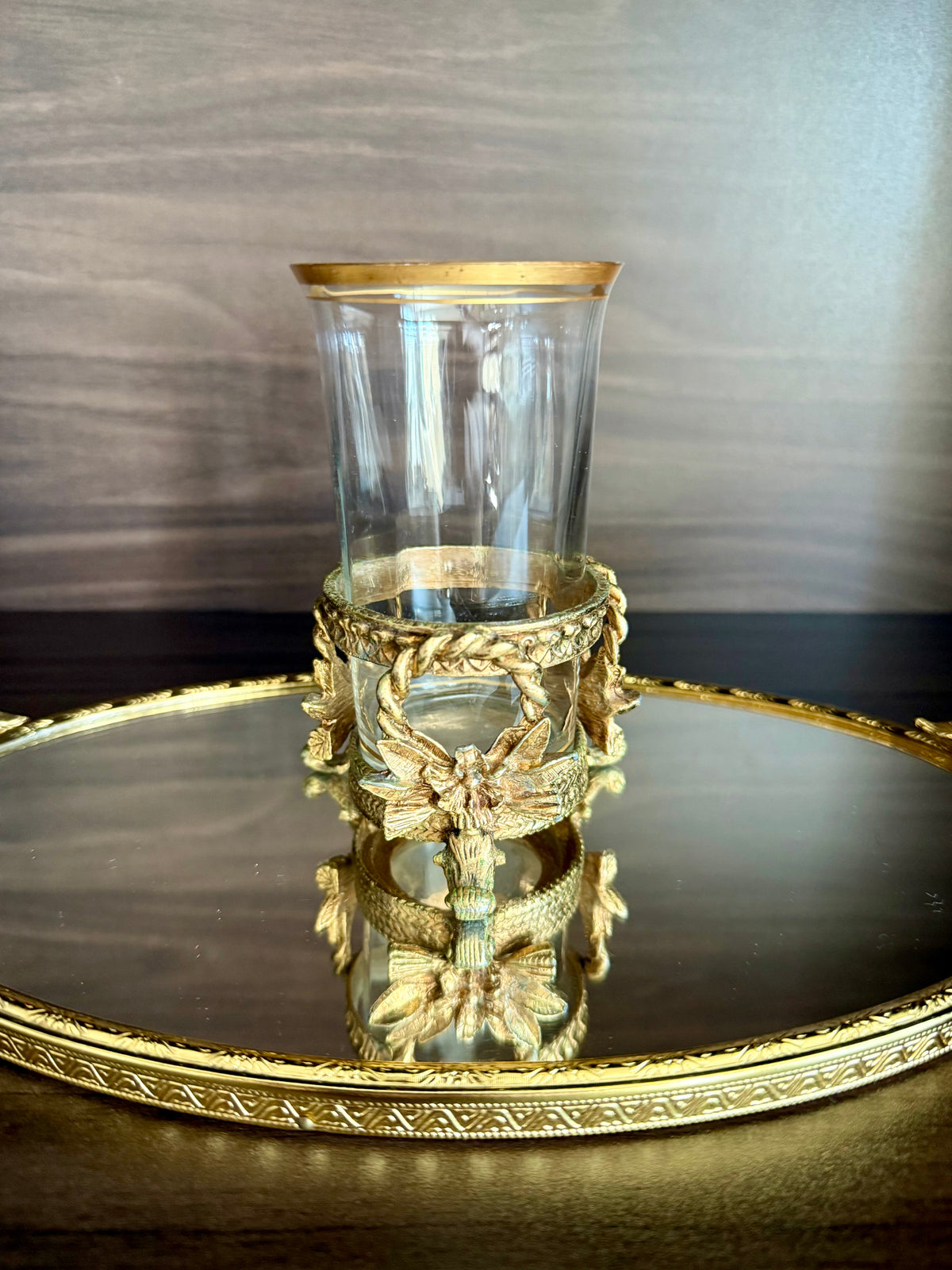 Vintage Hollywood Regency Italian Style Gold-plated Brass Ornate Floral Tumbler Stand with Glass Vase