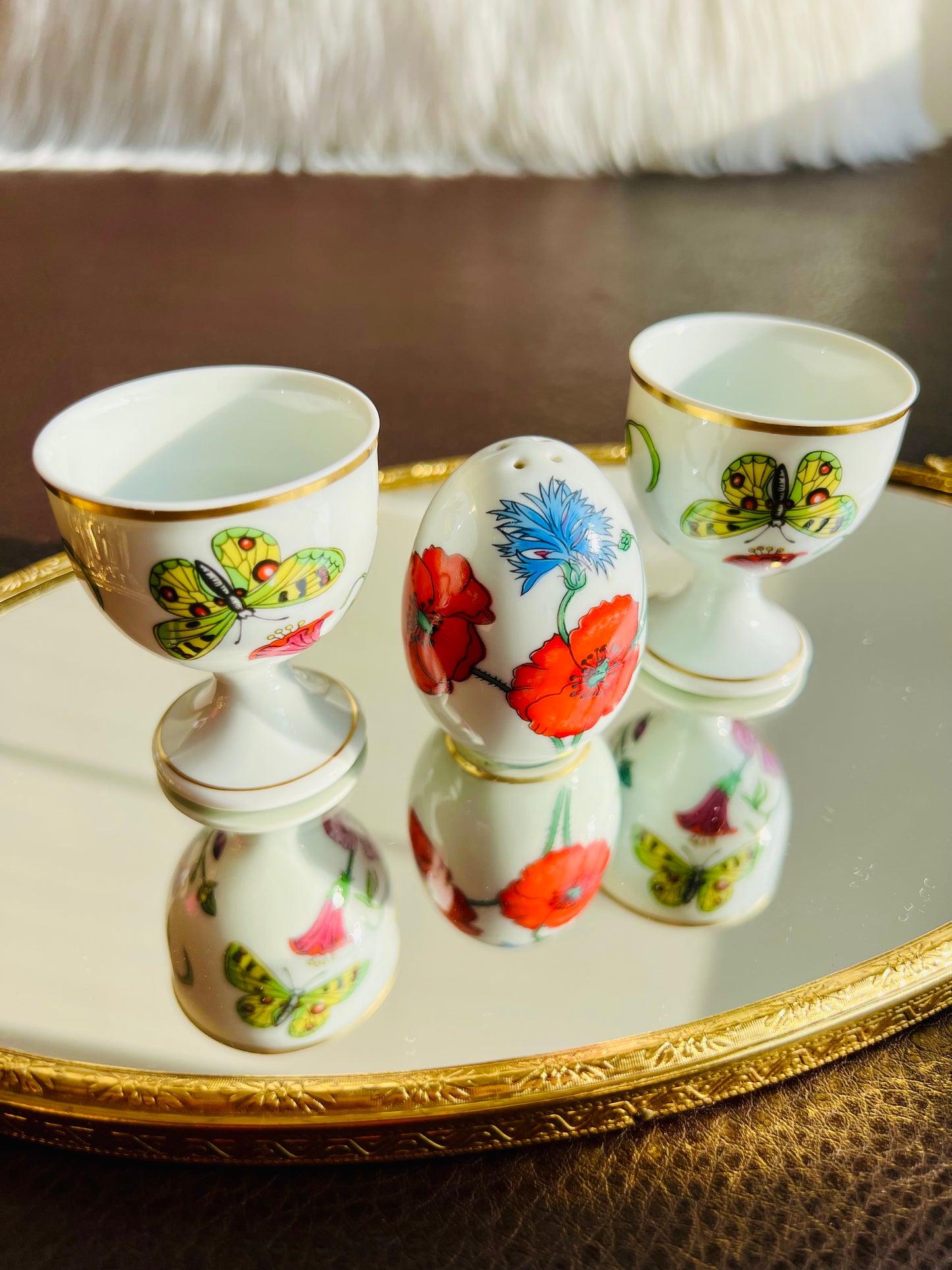 1980s Gucci Bernardaud Limoges Floral & Butterfly Print Porcelain Egg Cup and Salt Shaker Set, Made in France