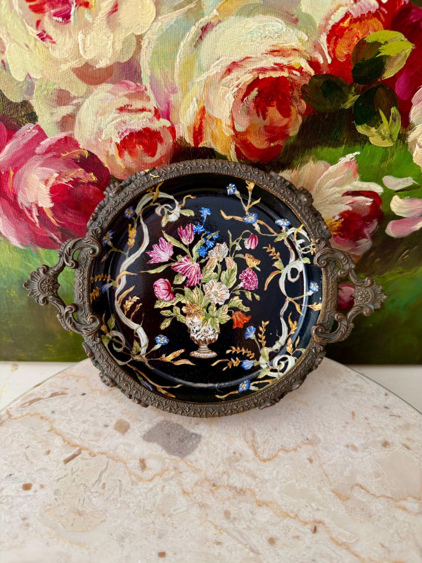 Antique Porcelain Chinese Hua Rong Tang Zhi Bronze Footed, Enameled Hand-Painted Flowers Trinket or Soap Dish, Ornate Tray