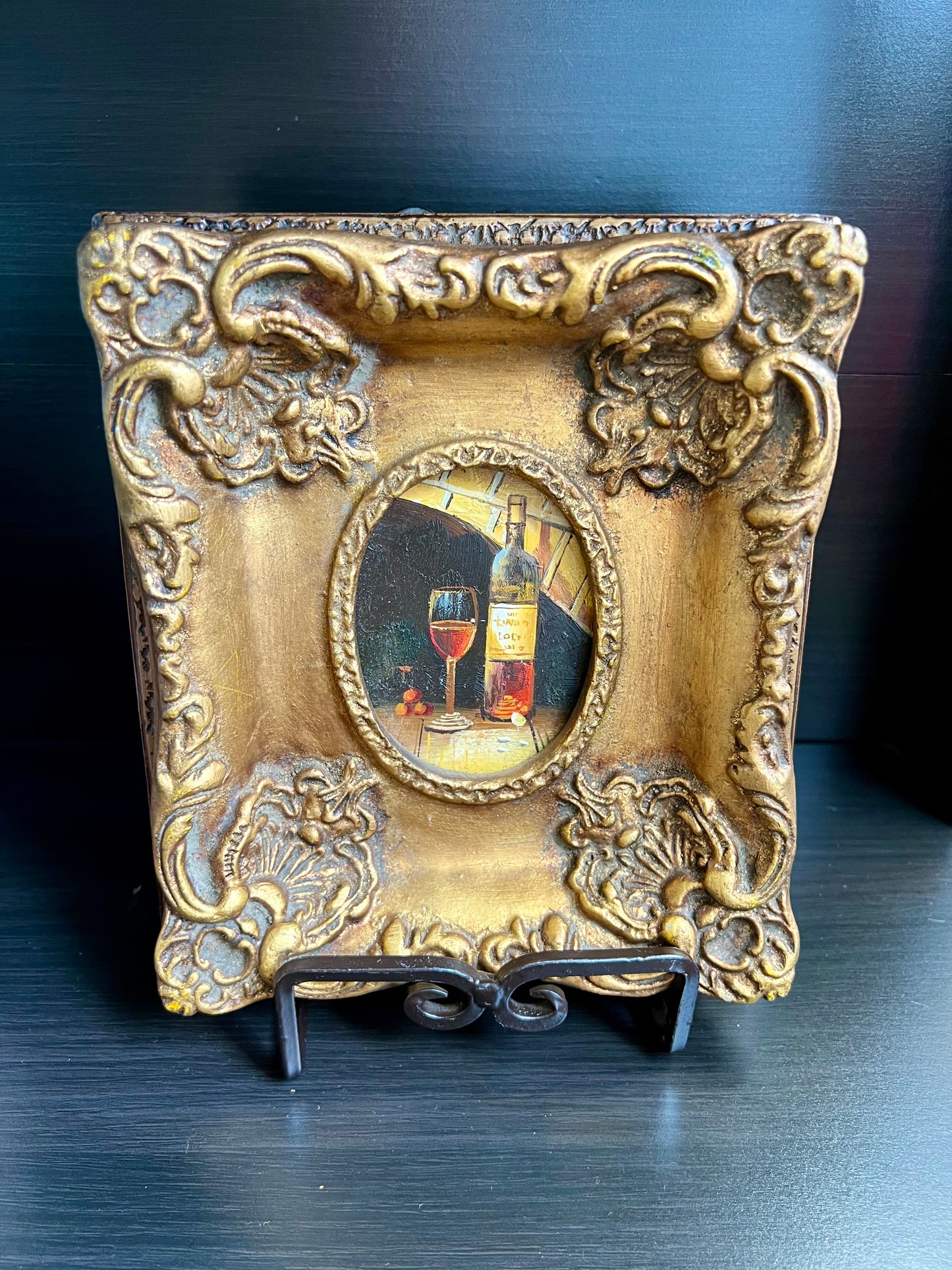 Glass and a Bottle of Wine Vintage Mini Oil Painting with Gilded Frame