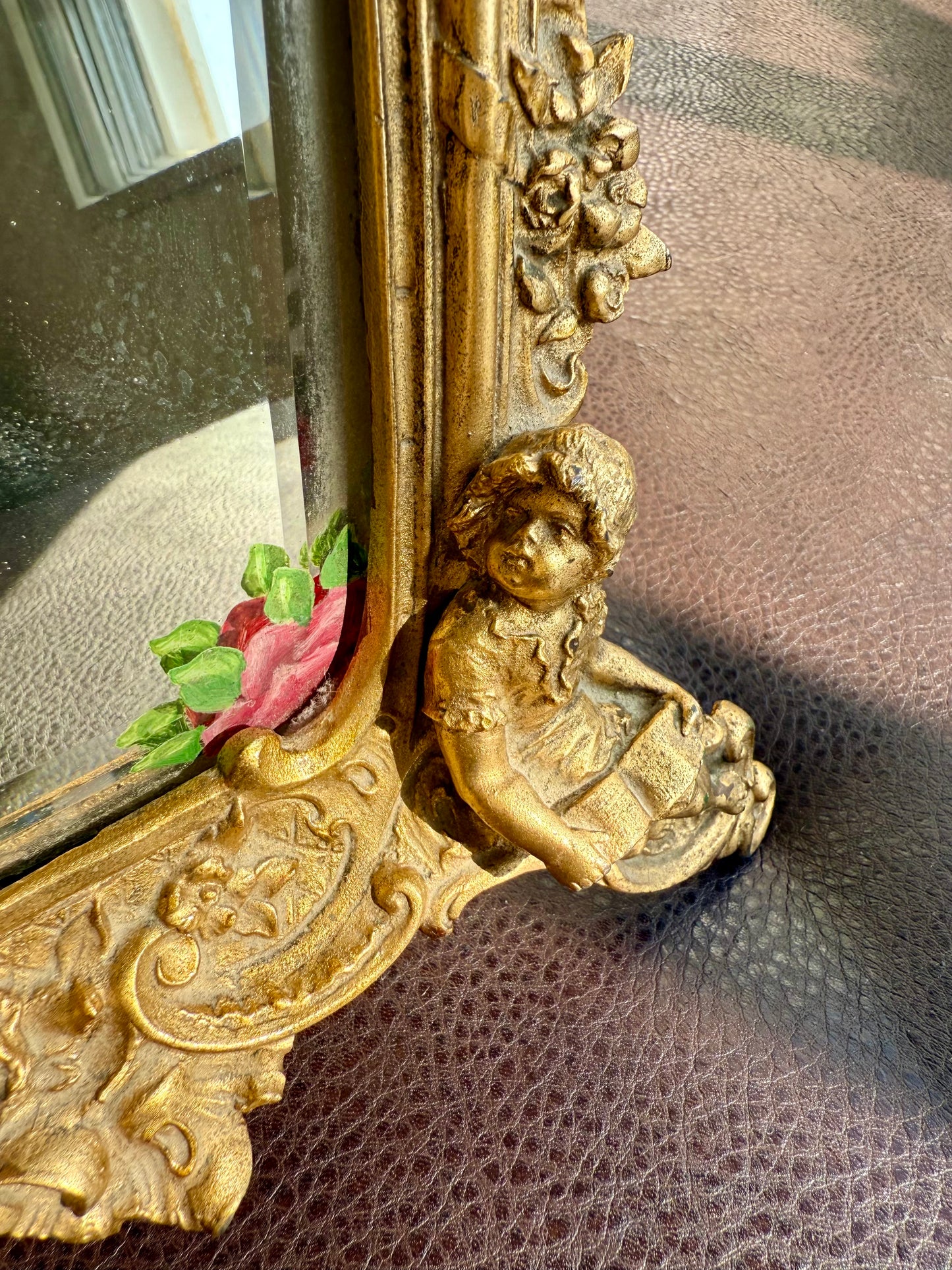 Antique Italian Rococo-Style Table Mirror with Gilded Frame, Featuring Putti (cherubs) Decor and Floral Painting