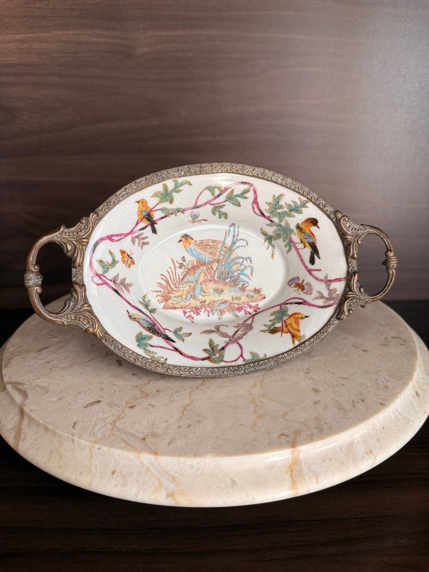 Beautiful Vintage Oval Soap Dish with Brass Feet and Handles with Floral and Bird Motif