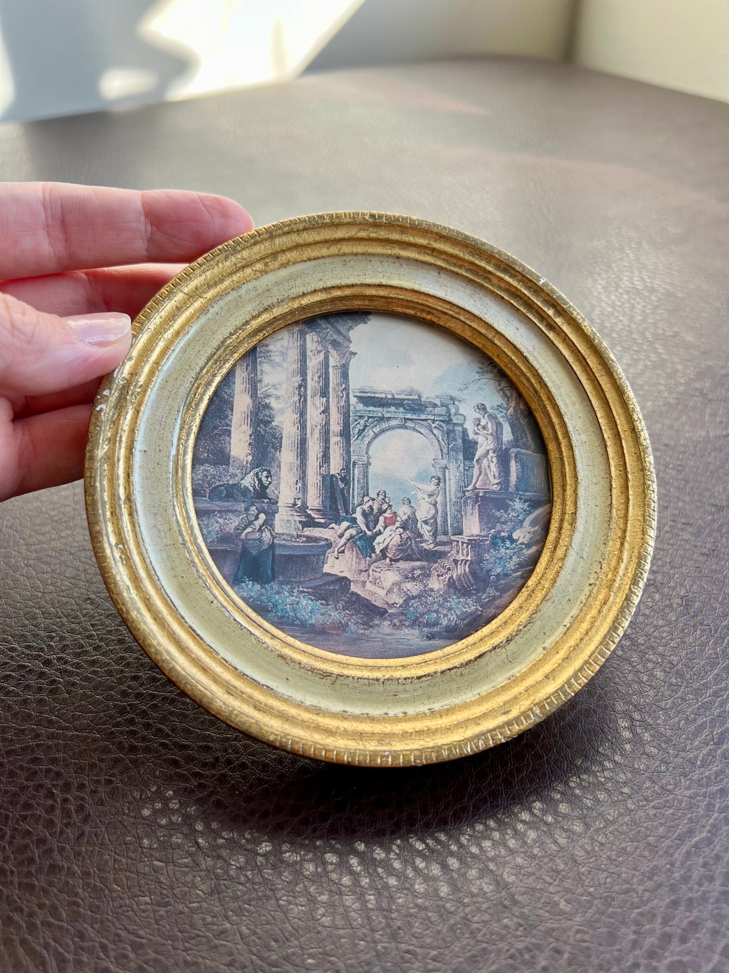 Italian Miniature Round Vintage Florentine Gilt Wood Framed Print