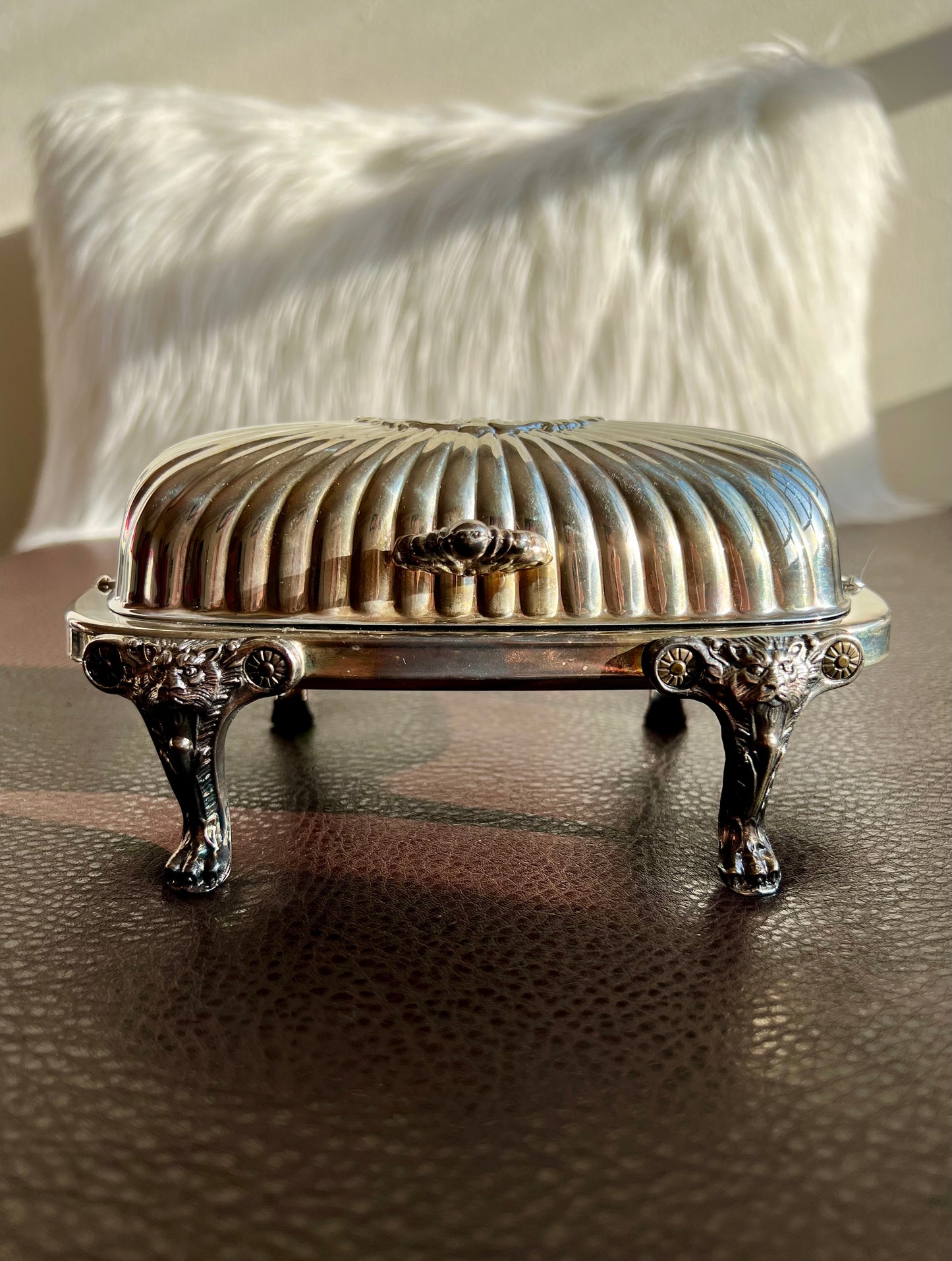 Antique F.B Rogers Silver-Plated Lion Head and Footed Butter Dish Victorian Covered Roll Top - Glass Insert