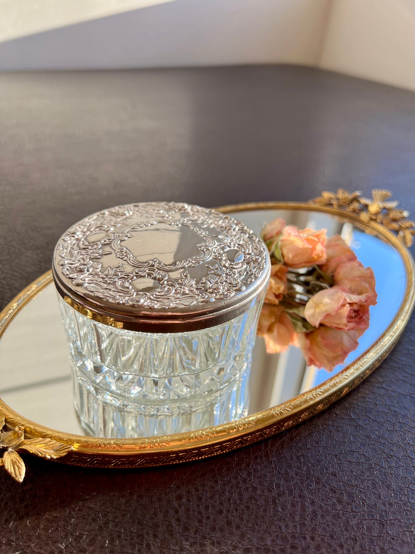 Vintage GODINGER Glass Powder Jar Ornate with Heavy Silver-plated Lid on the Top & Mirror