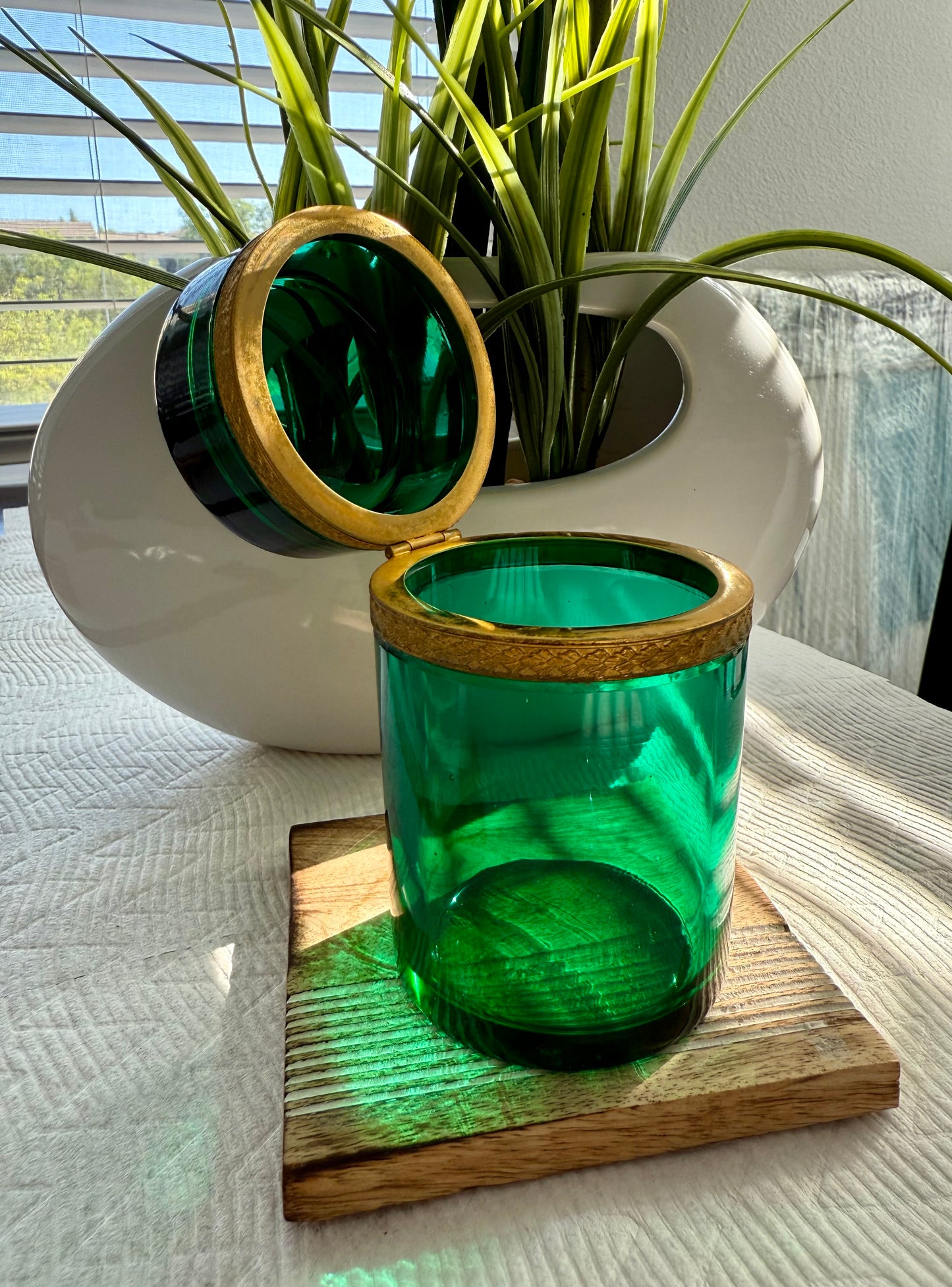 Antique Emerald Green Italian Murano Glass Cylindrical Jewelry or Trinket Box with Bronze Dore Gold Brass Mounts