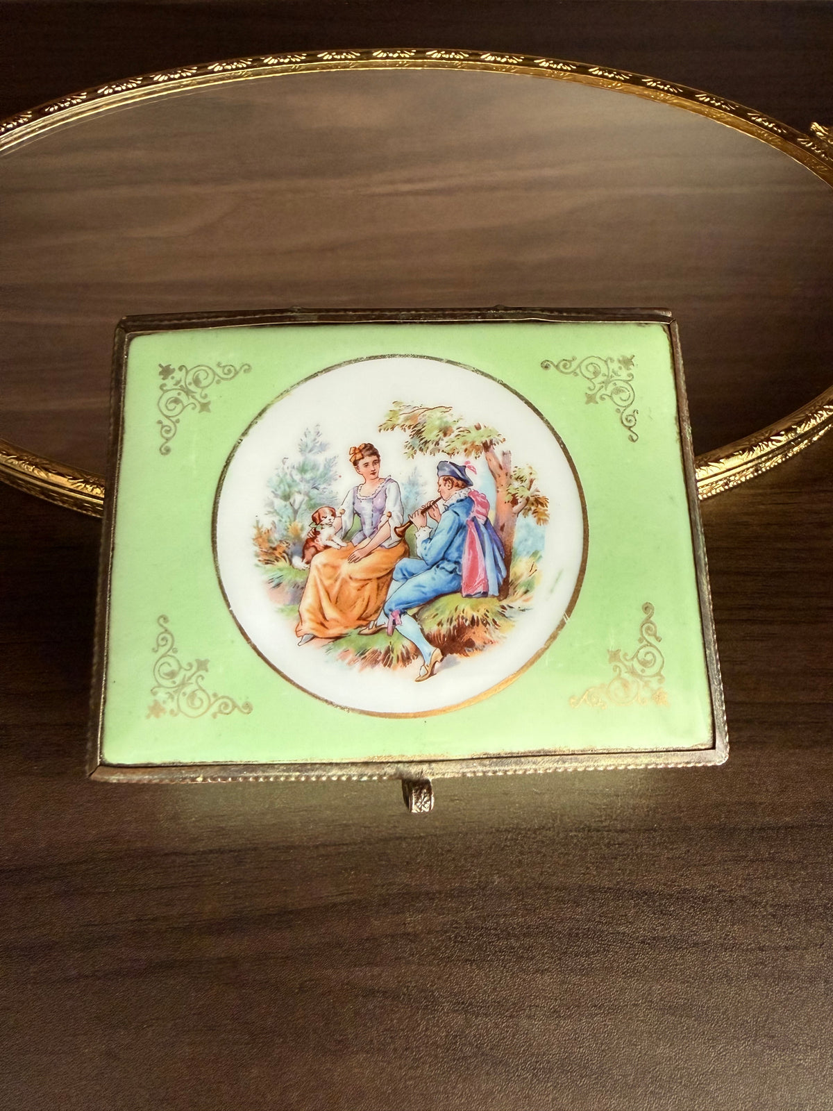 Antique European French Style Green Porcelain Jewelry or Trinket Hinged Box
