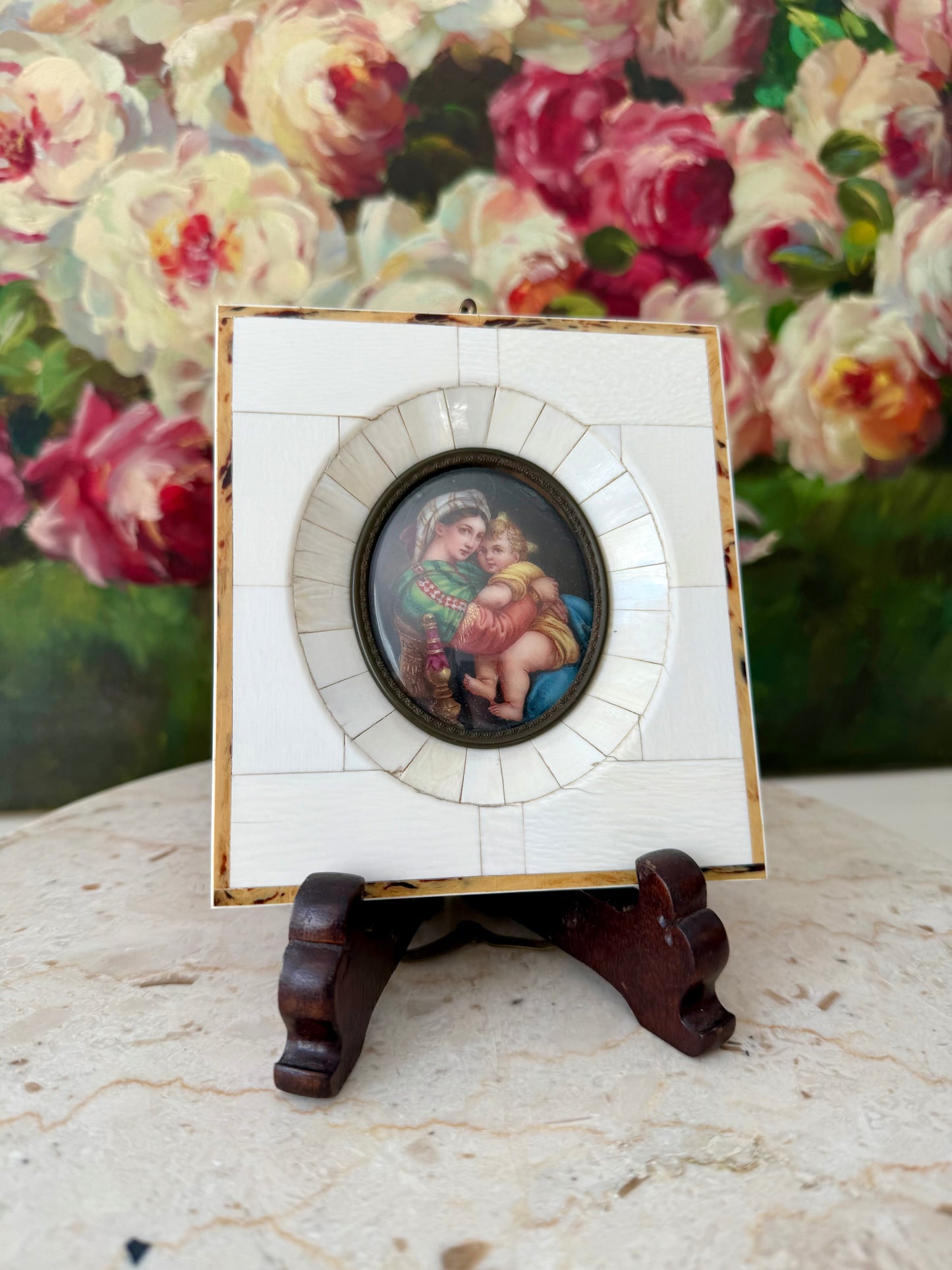 Antique Italian Miniature Porcelain Plaque Hand-painted Madonna and Child in Bone Frame