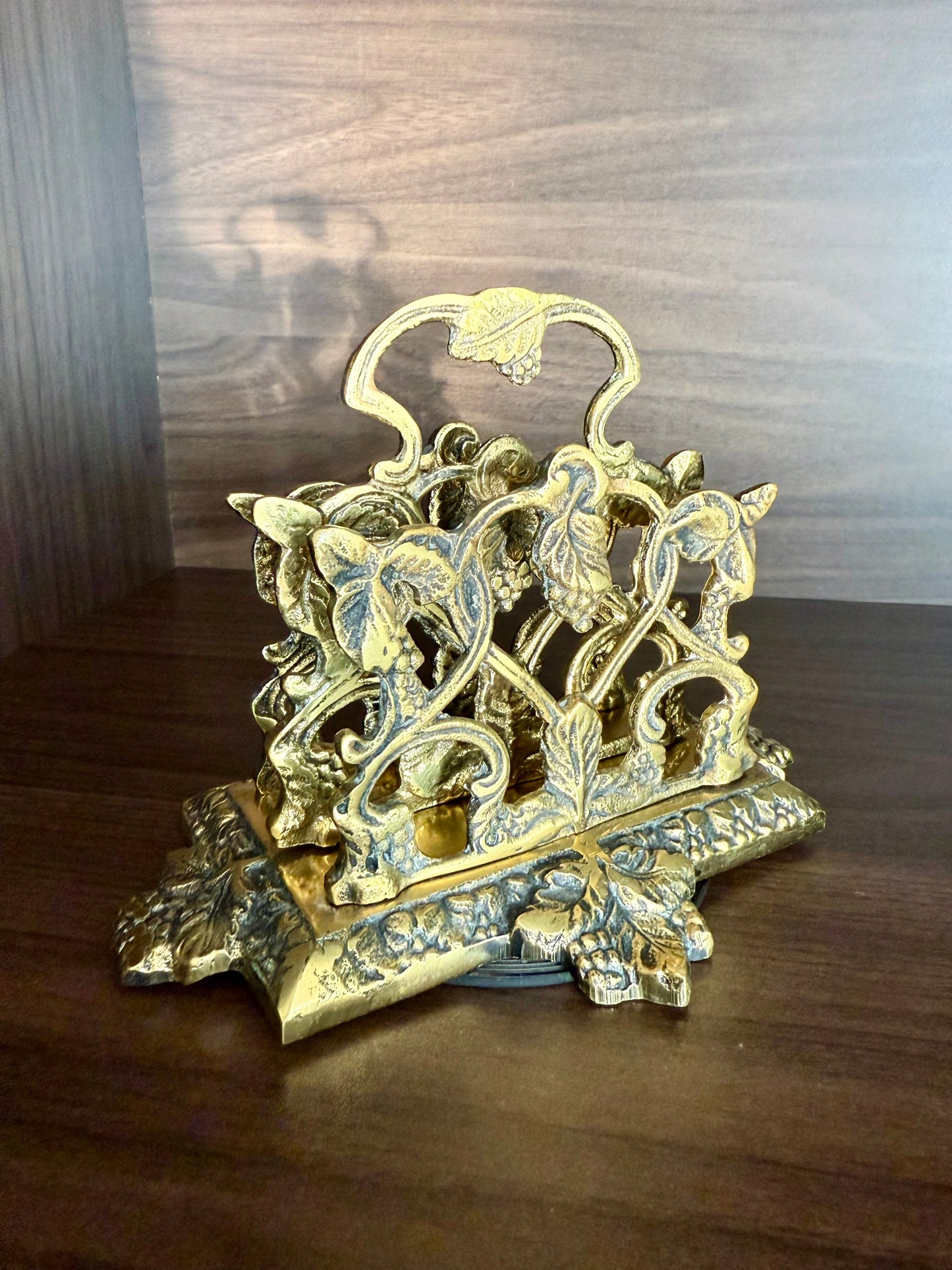 Vintage Brass Letter or Napkin Holder Desk Organizer with Grape Leaf Decoration, Made in England