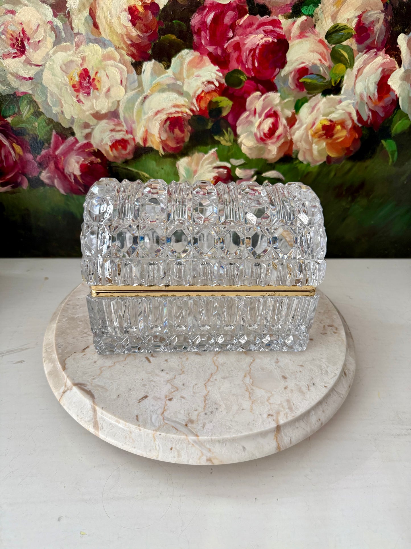 1960s Baccarat Style Heavy Cut Crystal Large Lidded Vintage Jewelry or Trinket Box/ Casket with Brass Frame