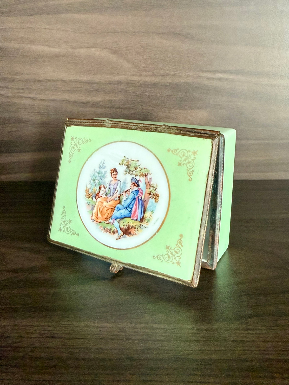 Antique European French Style Green Porcelain Jewelry or Trinket Hinged Box