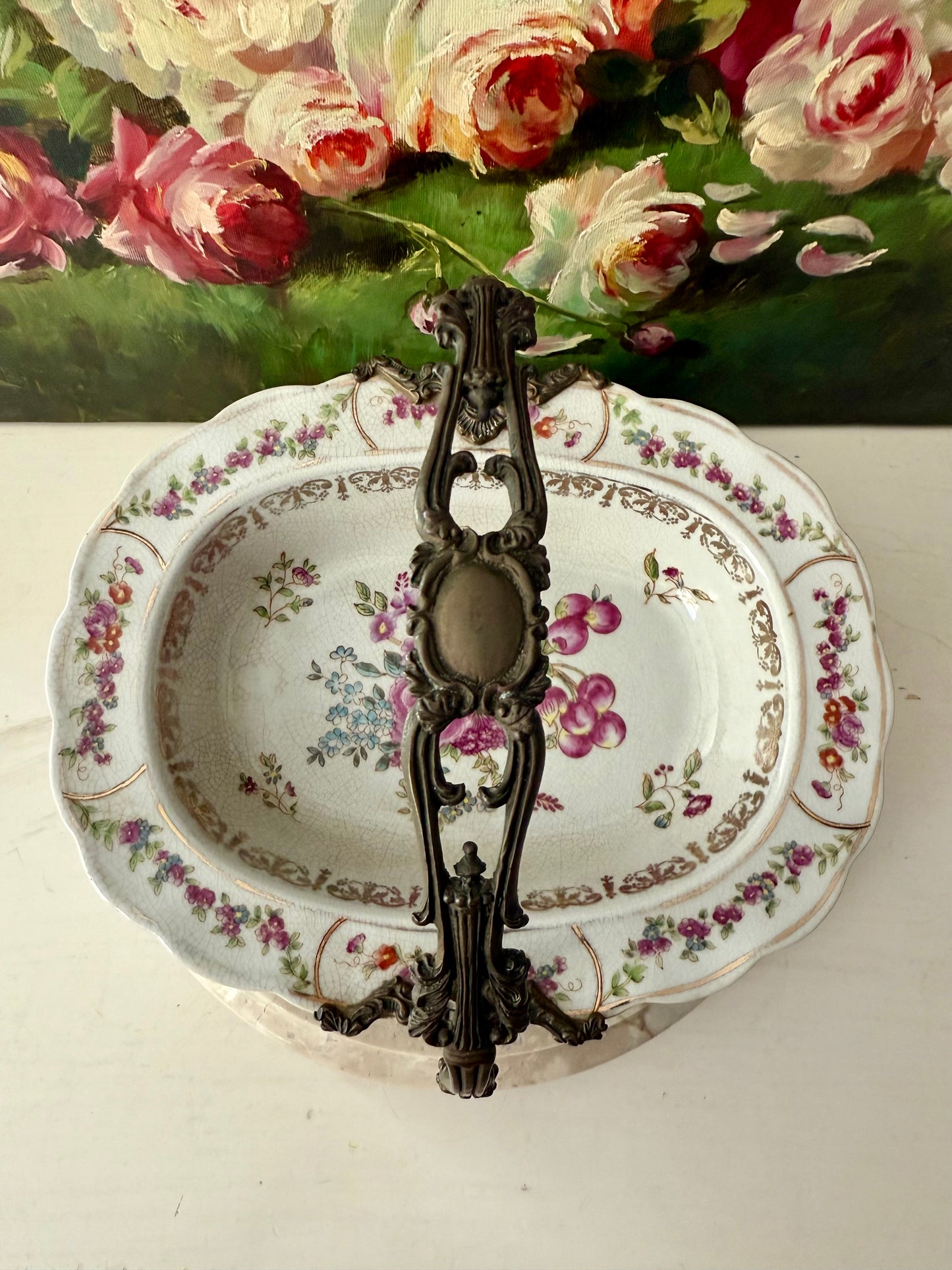 Porcelain Oval Crackle Glazed Vintage Basket Serving Dish with Decorative Bronze Handle, Floral Design and four Legs