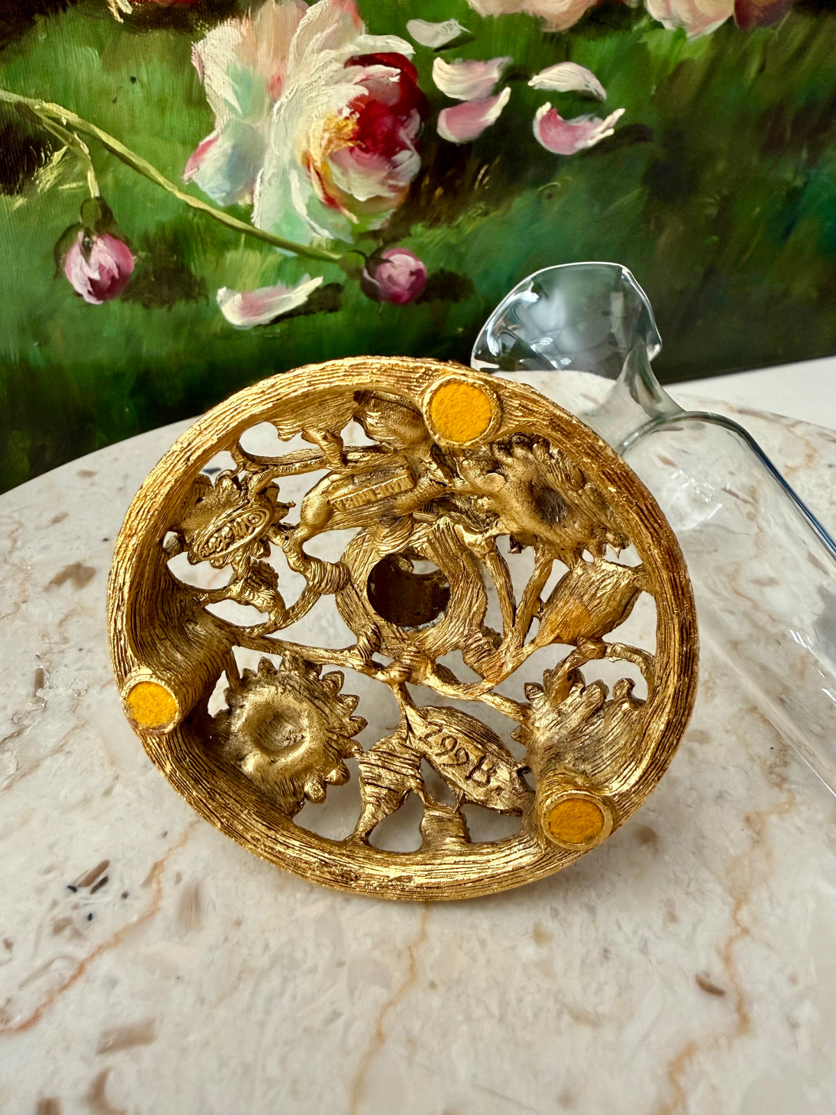 24k Vintage Matson Gold-plated Sunflower Brass Filigree Ormolu with Removable Glass Vase