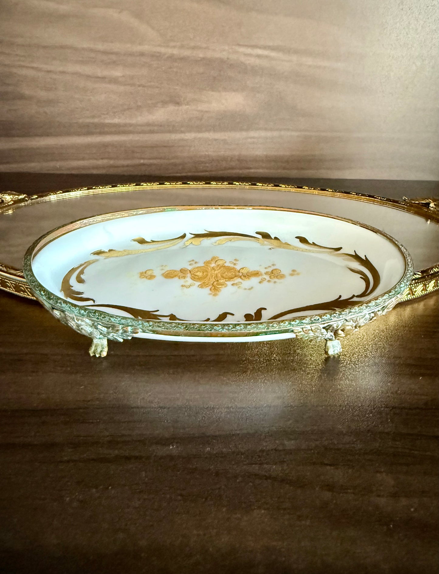 Antique Sévres Style Brass Footed and Hand-painted Oval Porcelain Decorative Soap Dish - Made in France