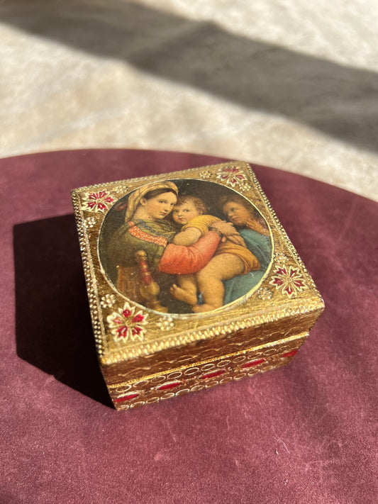 Italian Florentine Vintage Wooden Gold Gilded Box on the Top Madonna and child with St.John By Raphael