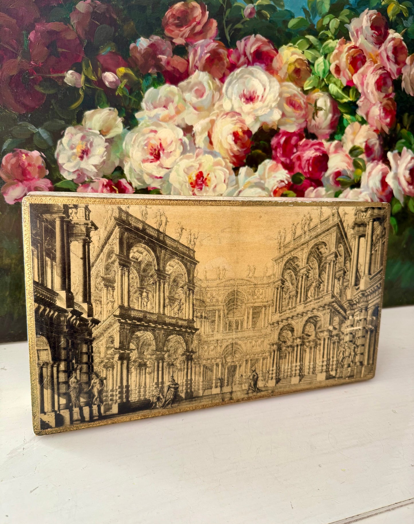 Fratelli Alinari Architectural Gold gilded Large Vintage Wooden Florentine Jewelry Box, Made in Italy
