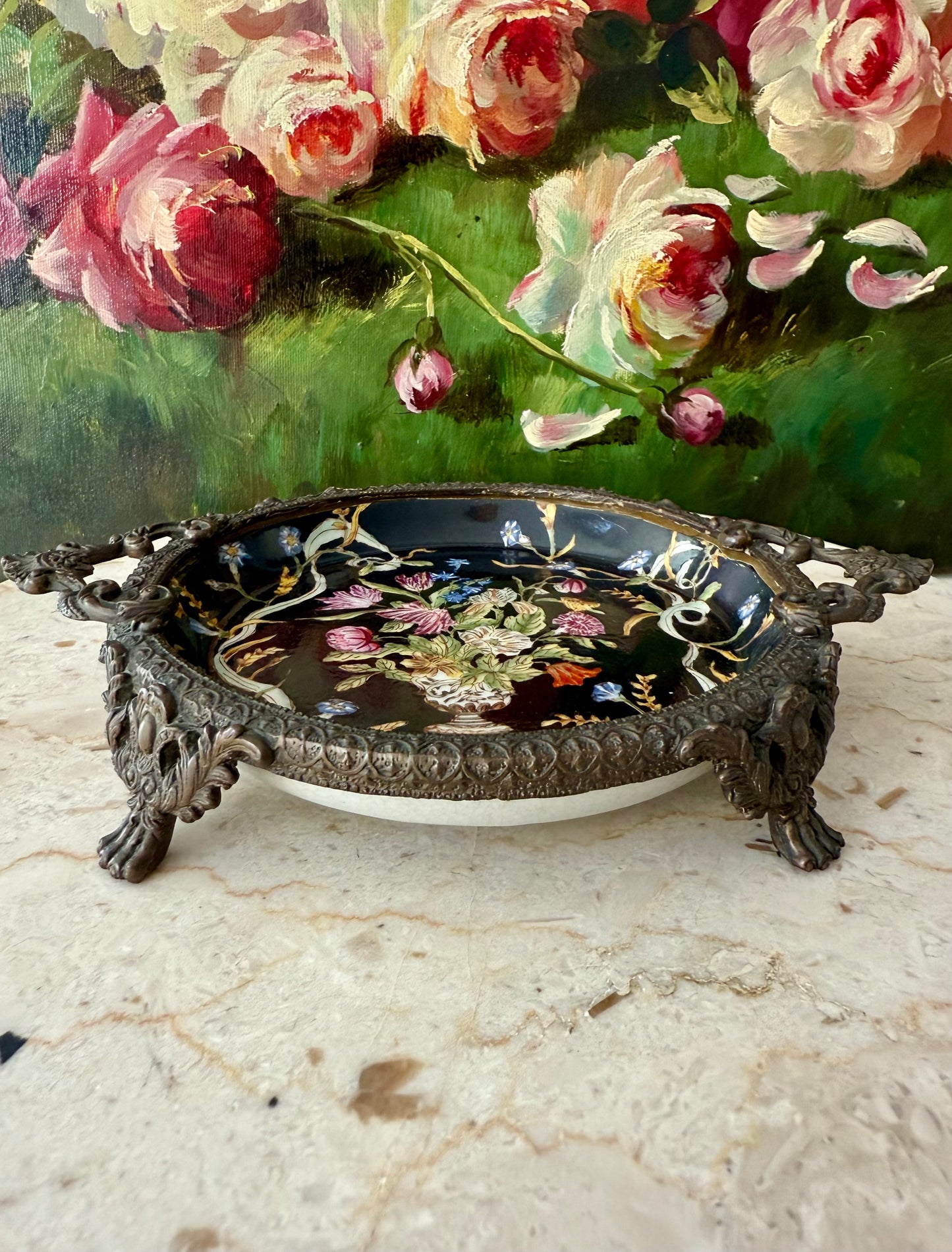 Antique Porcelain Chinese Hua Rong Tang Zhi Bronze Footed, Enameled Hand-Painted Flowers Trinket or Soap Dish, Ornate Tray